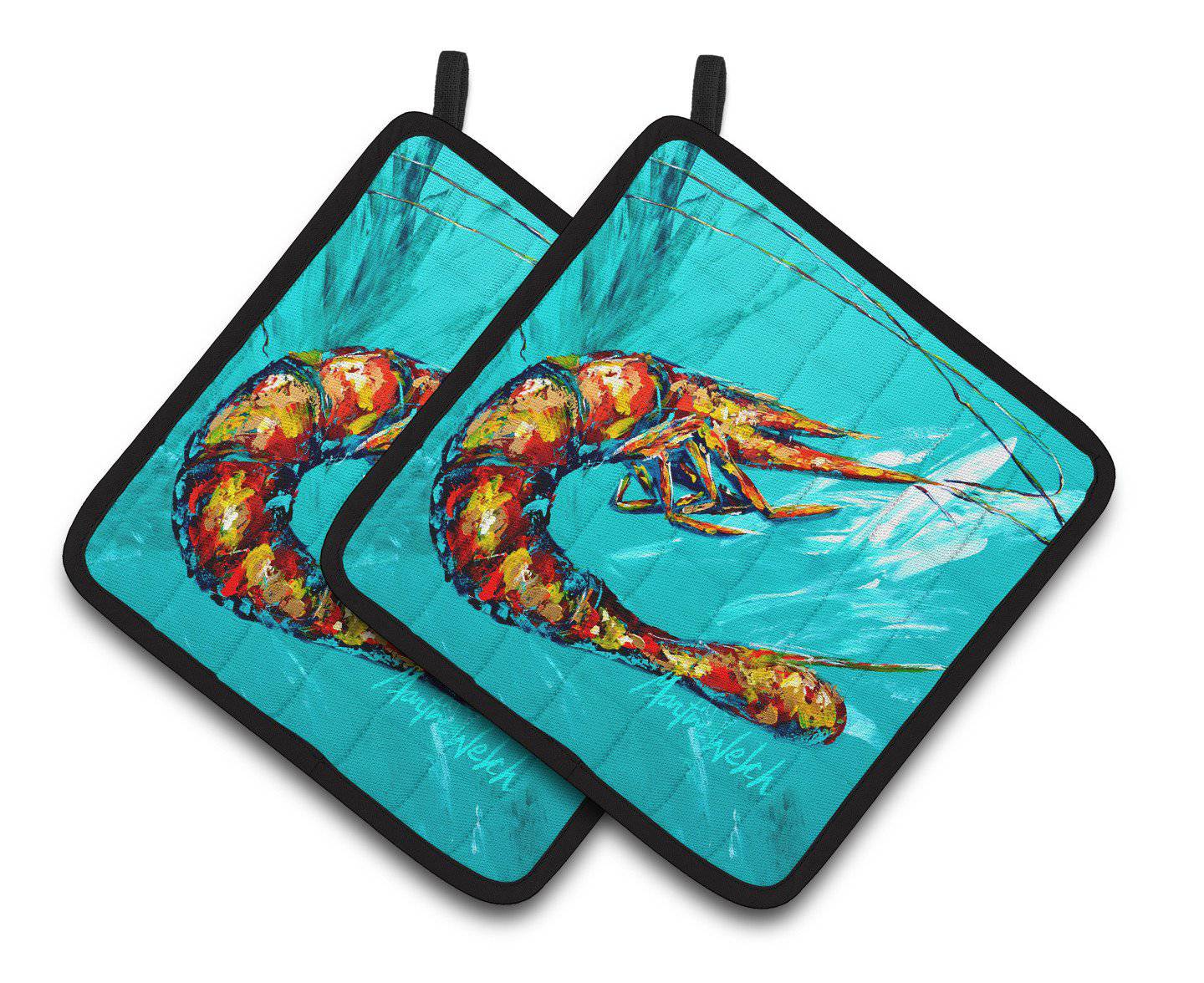 Shrimp Teal Splish Splash Pair of Pot Holders MW1130PTHD - the-store.com