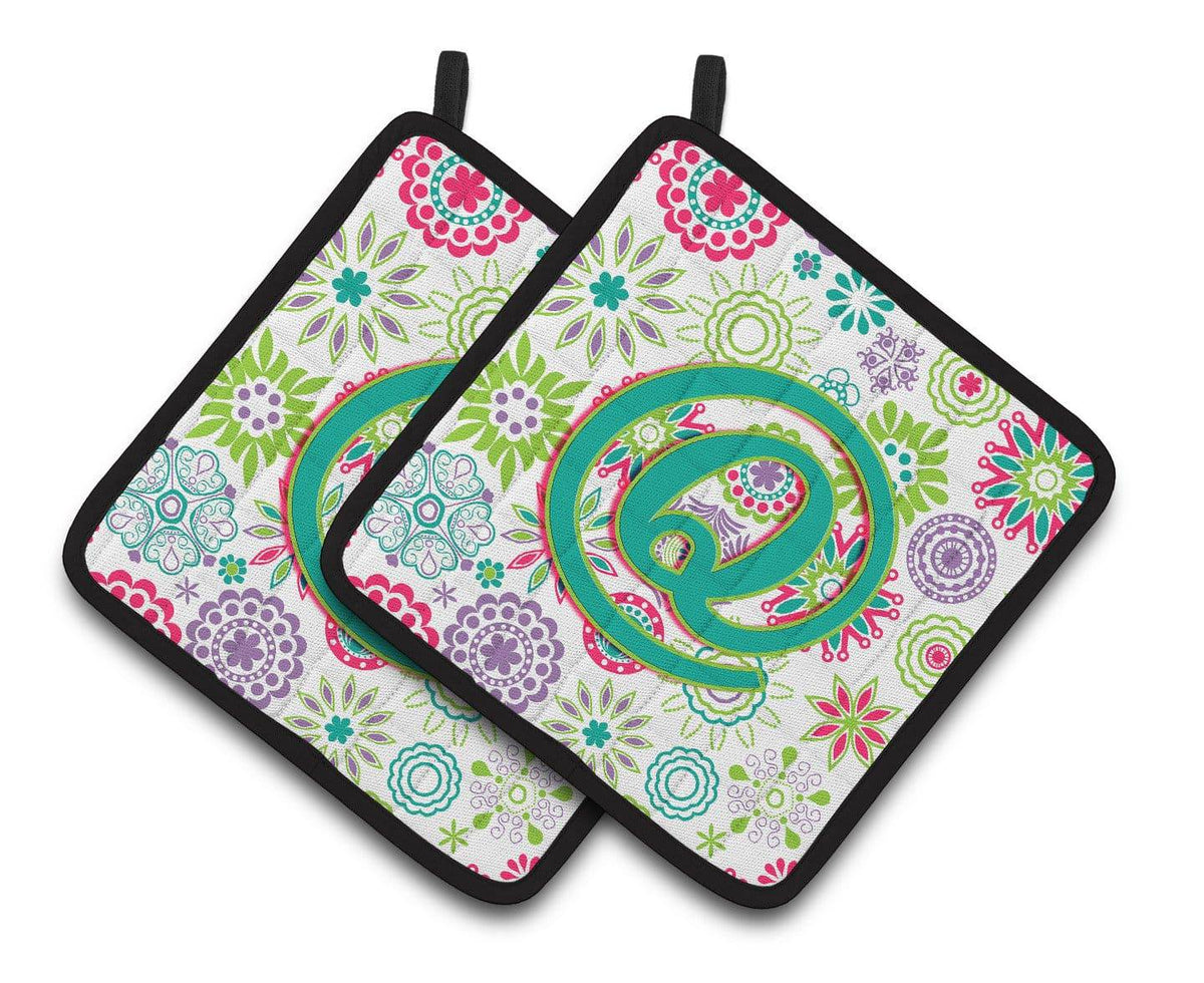 Letter Q Flowers Pink Teal Green Initial Pair of Pot Holders CJ2011-QPTHD - the-store.com