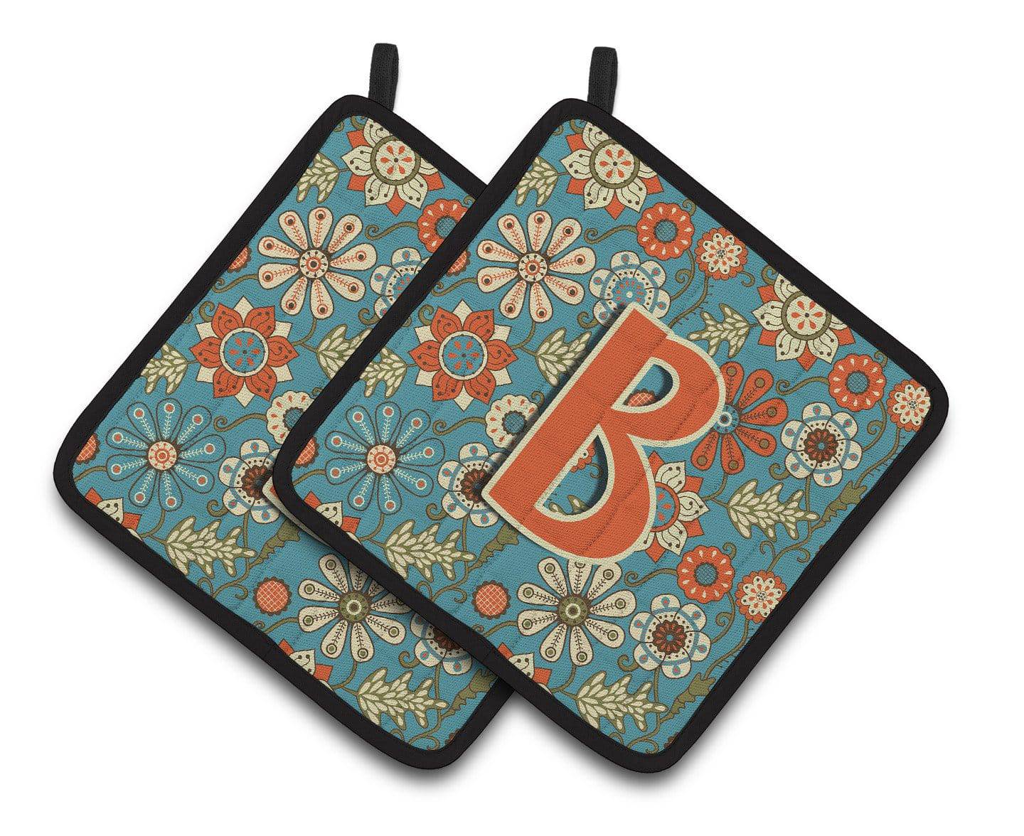 Letter B Flowers Retro Blue Pair of Pot Holders CJ2012-BPTHD - the-store.com