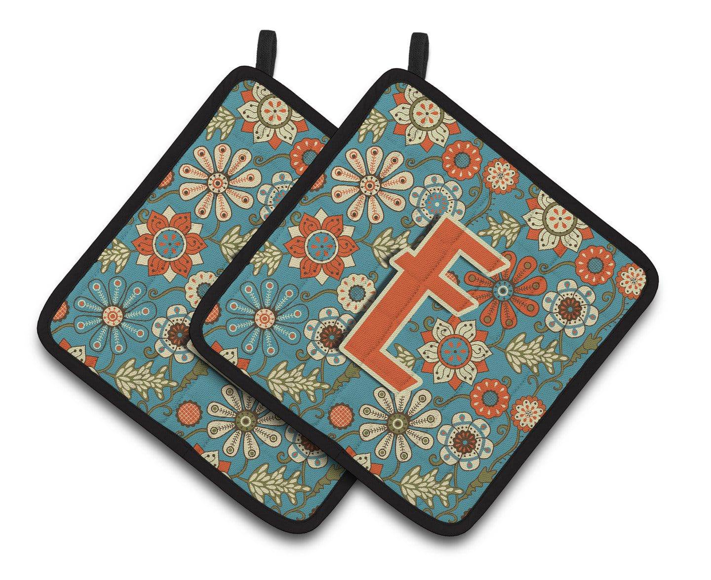 Letter E Flowers Retro Blue Pair of Pot Holders CJ2012-EPTHD - the-store.com