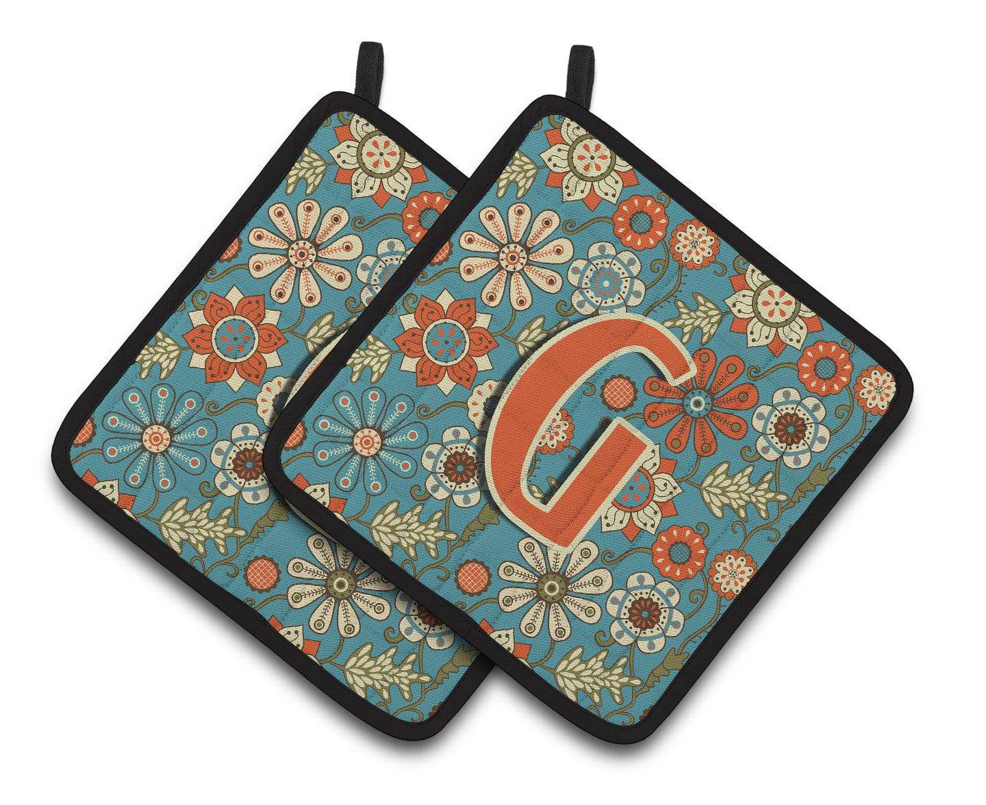 Letter G Flowers Retro Blue Pair of Pot Holders CJ2012-GPTHD - the-store.com