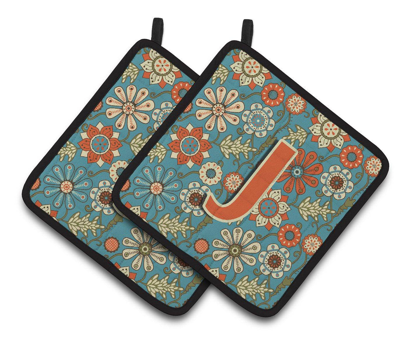 Letter J Flowers Retro Blue Pair of Pot Holders CJ2012-JPTHD - the-store.com