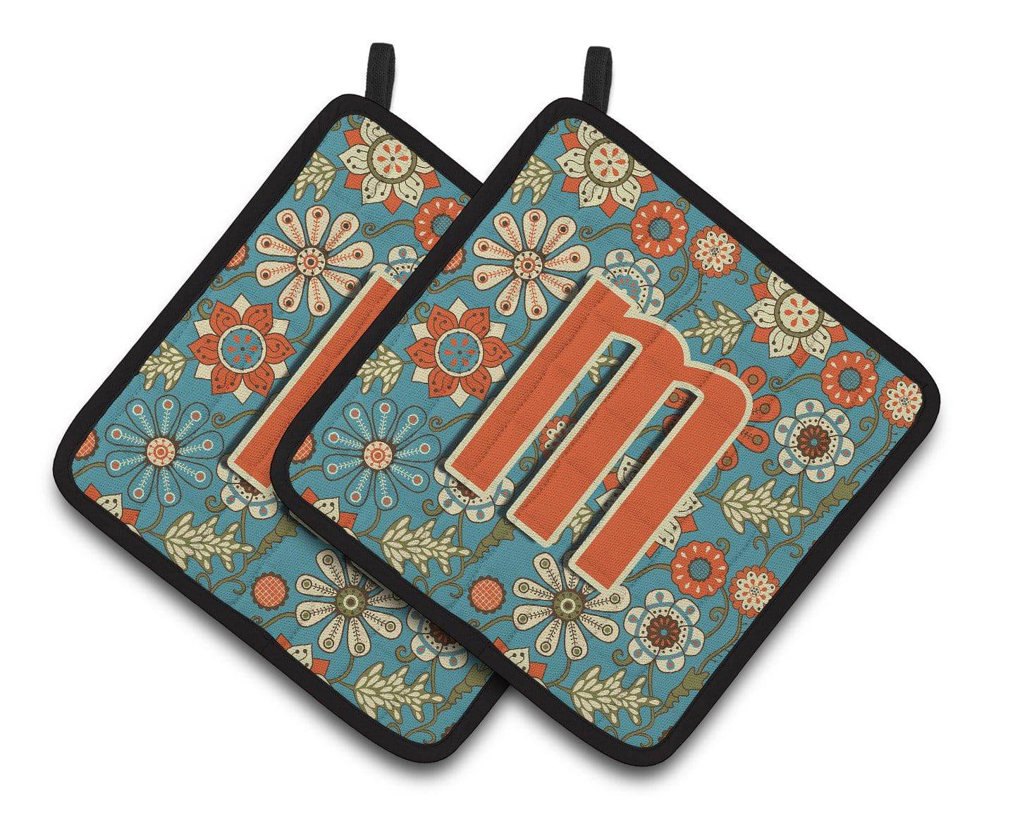 Letter M Flowers Retro Blue Pair of Pot Holders CJ2012-MPTHD - the-store.com