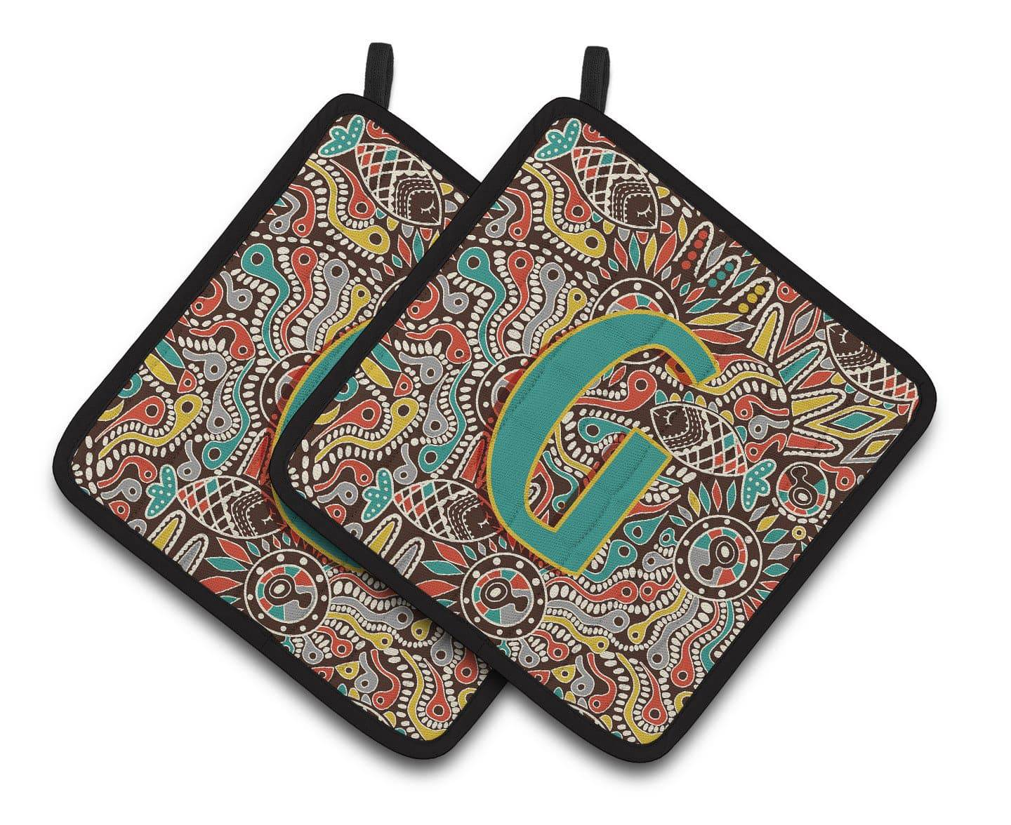 Letter G Retro Tribal Alphabet Initial Pair of Pot Holders CJ2013-GPTHD - the-store.com