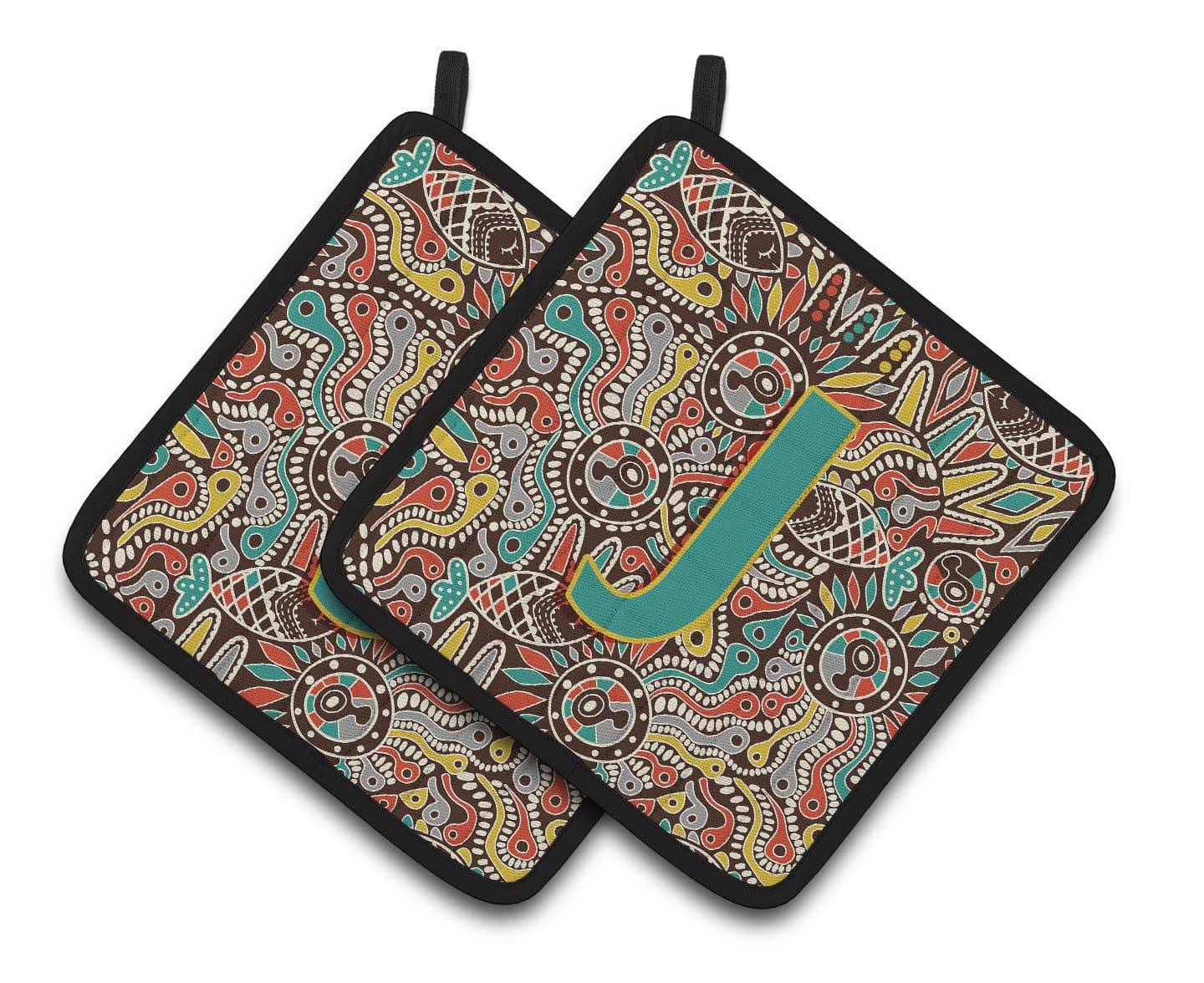 Letter J Retro Tribal Alphabet Initial Pair of Pot Holders CJ2013-JPTHD - the-store.com