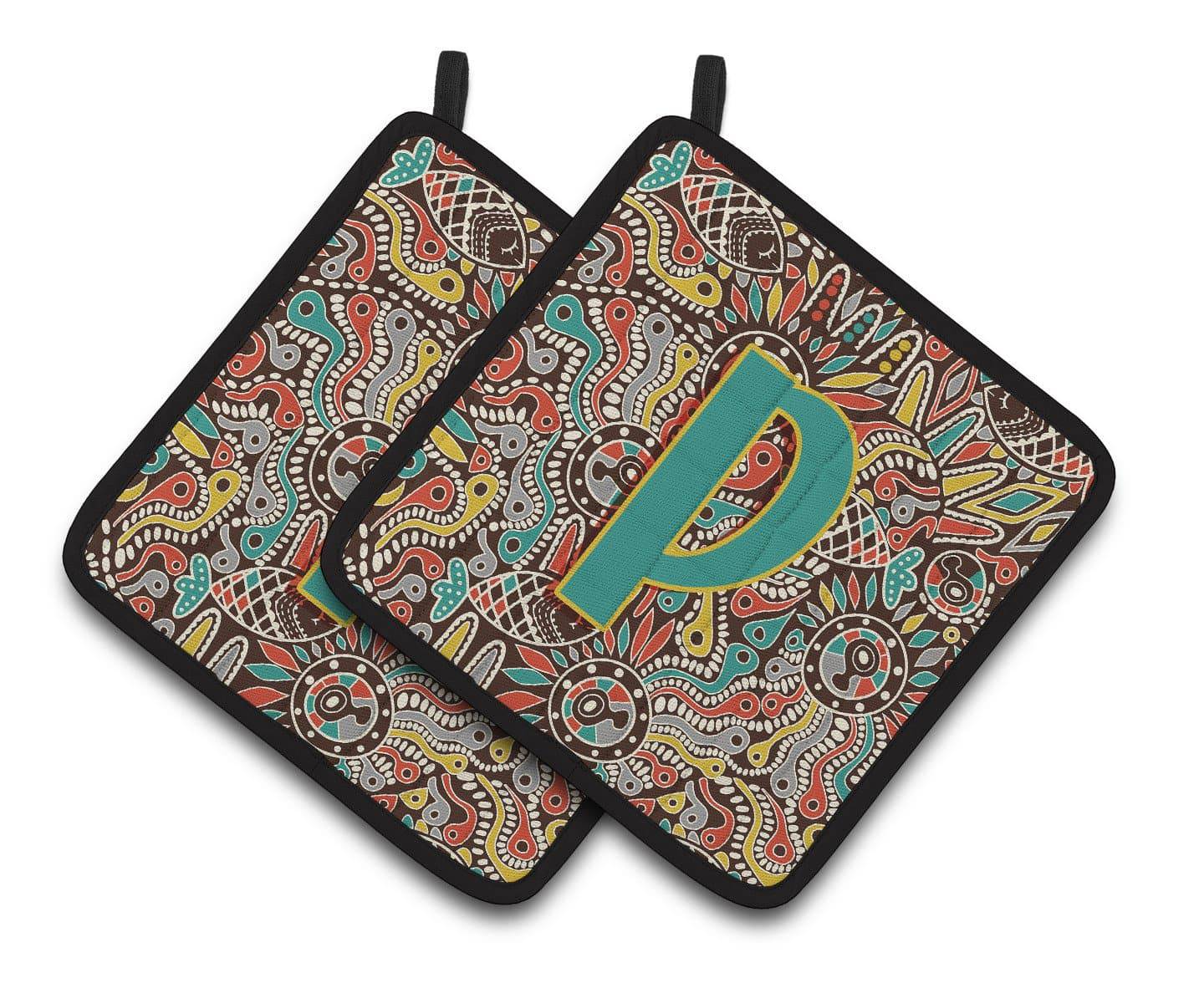 Letter P Retro Tribal Alphabet Initial Pair of Pot Holders CJ2013-PPTHD - the-store.com