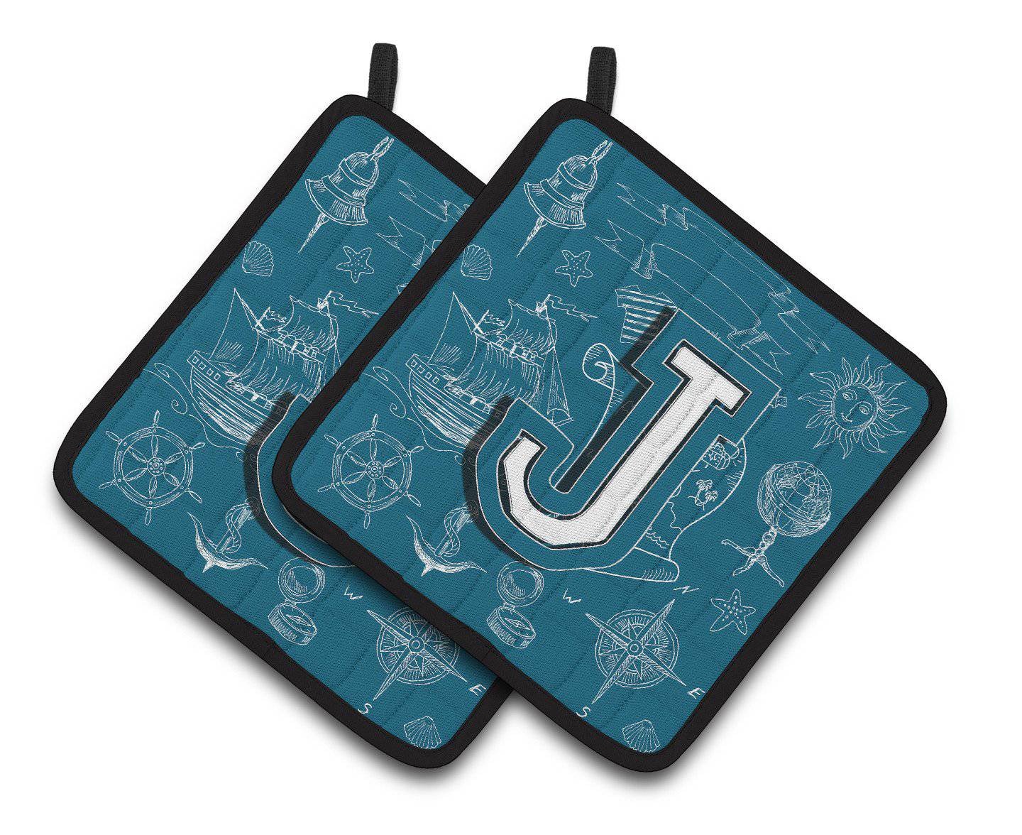 Letter J Sea Doodles Initial Alphabet Pair of Pot Holders CJ2014-JPTHD - the-store.com