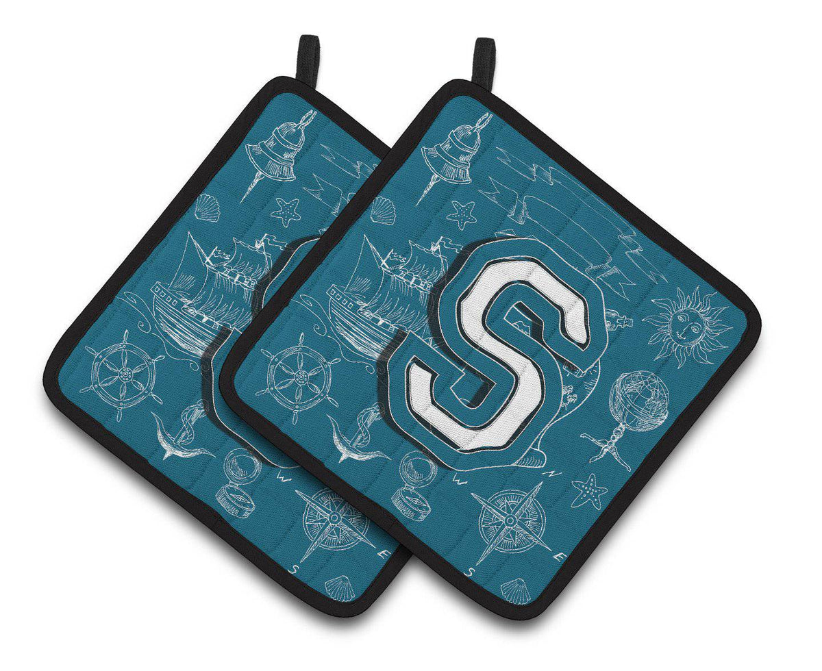 Letter S Sea Doodles Initial Alphabet Pair of Pot Holders CJ2014-SPTHD - the-store.com