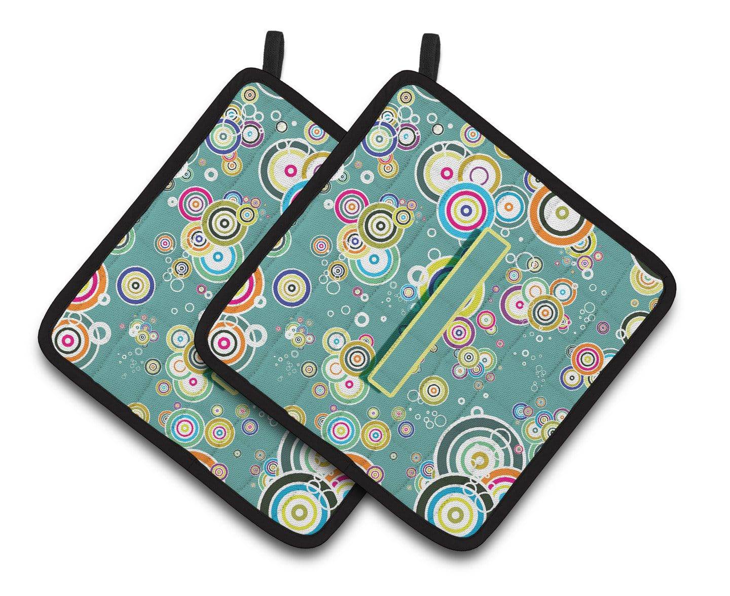 Letter I Circle Circle Teal Initial Alphabet Pair of Pot Holders CJ2015-IPTHD - the-store.com