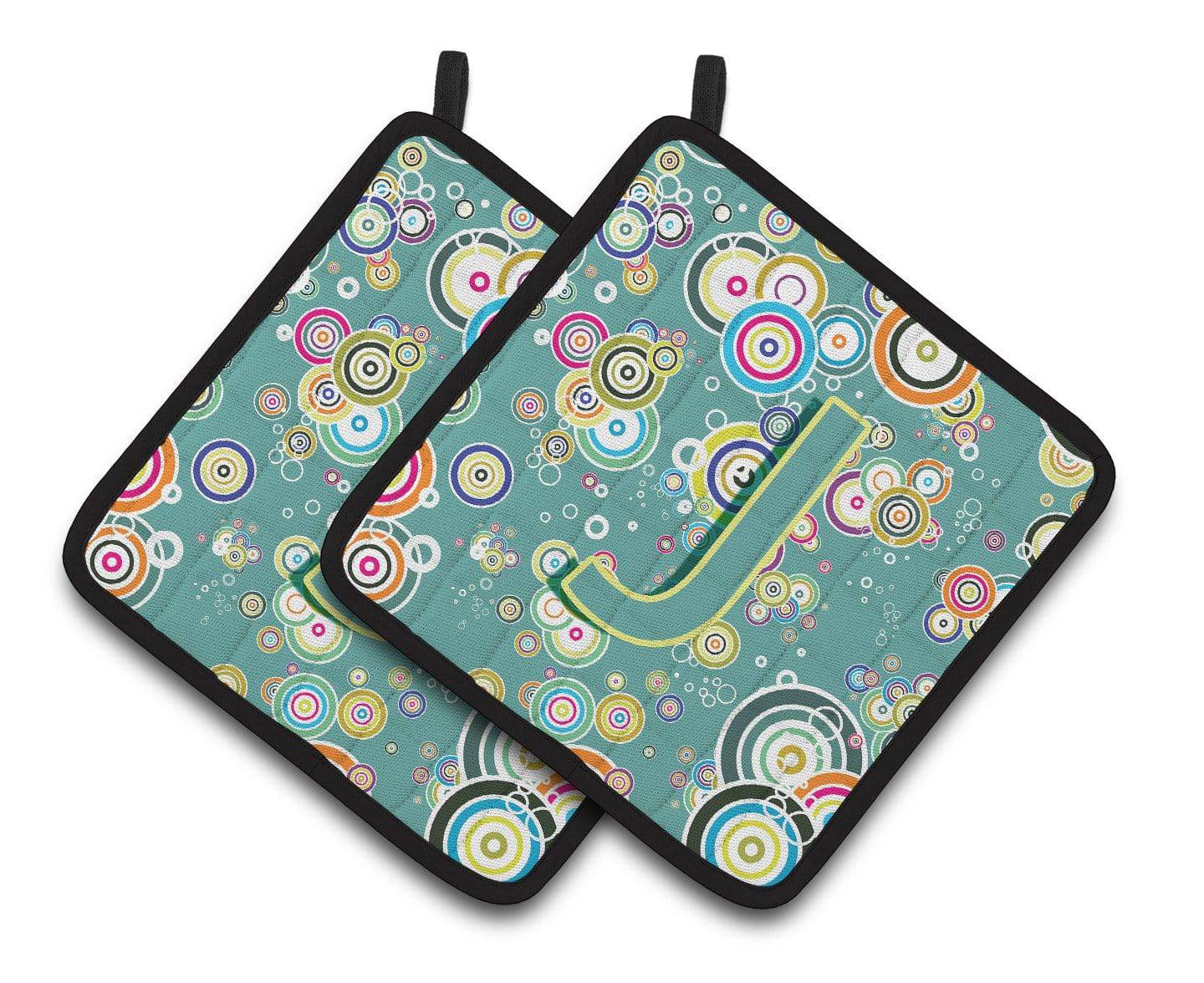 Letter J Circle Circle Teal Initial Alphabet Pair of Pot Holders CJ2015-JPTHD - the-store.com