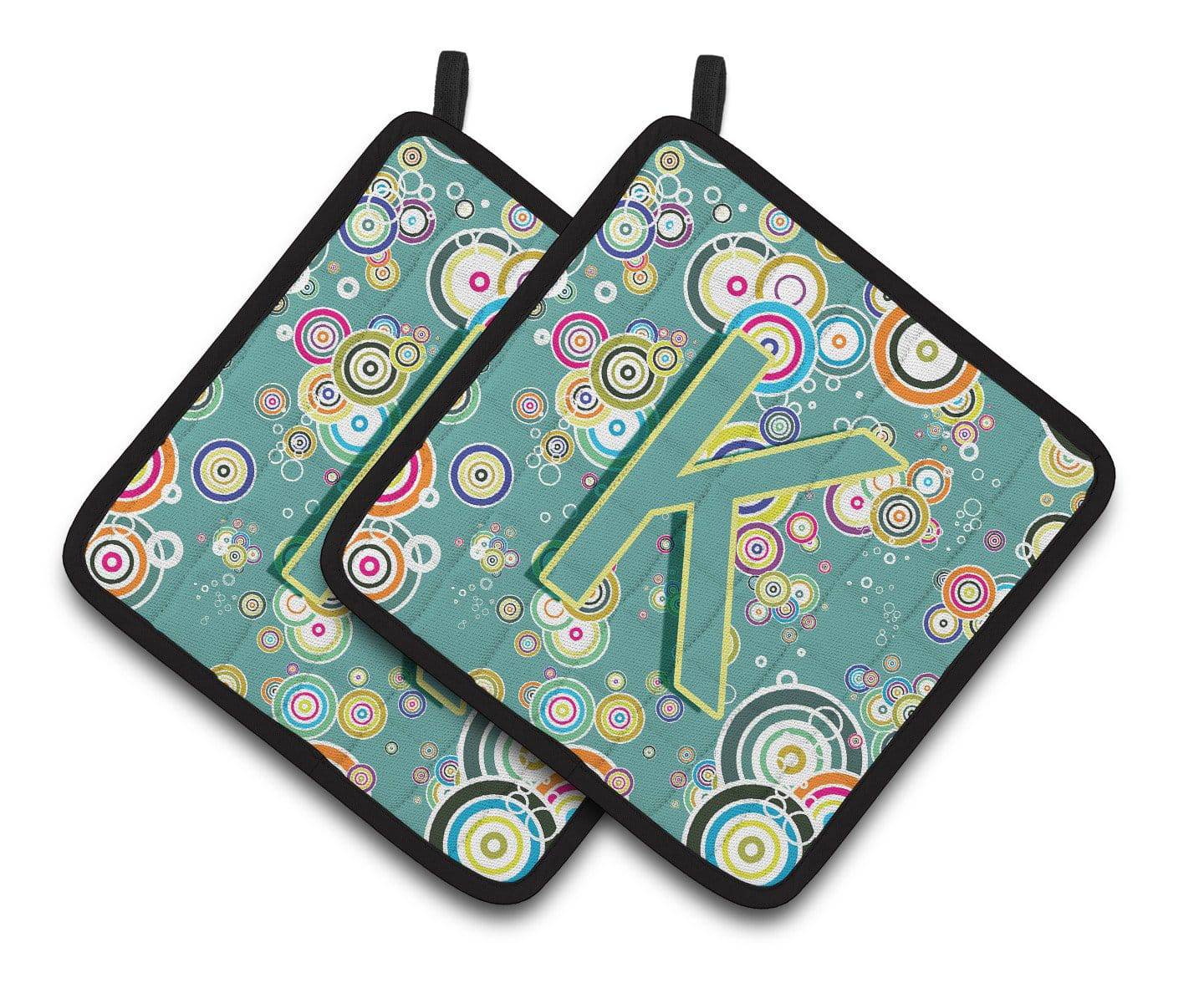 Letter K Circle Circle Teal Initial Alphabet Pair of Pot Holders CJ2015-KPTHD - the-store.com