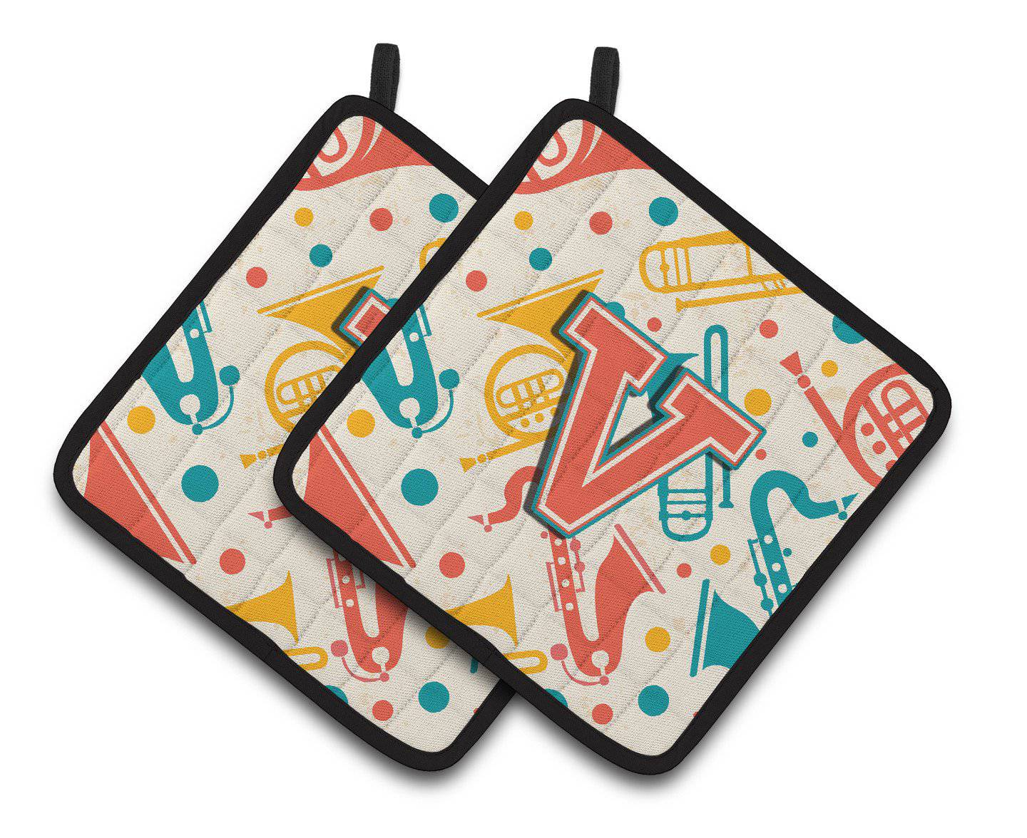 Letter V Retro Teal Orange Musical Instruments Initial Pair of Pot Holders CJ2001-VPTHD - the-store.com