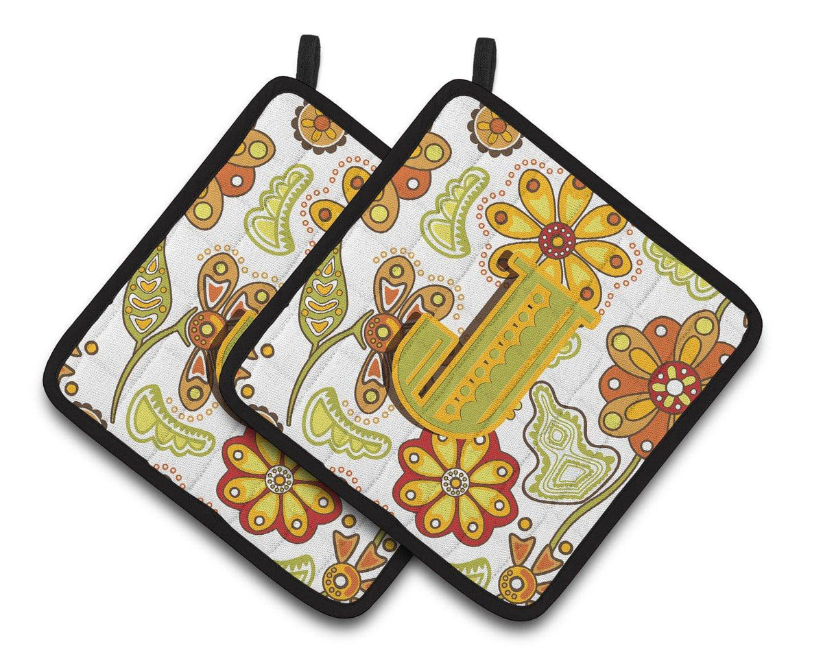 Letter J Floral Mustard and Green Pair of Pot Holders CJ2003-JPTHD - the-store.com