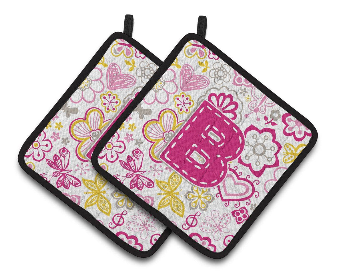 Letter B Flowers and Butterflies Pink Pair of Pot Holders CJ2005-BPTHD - the-store.com