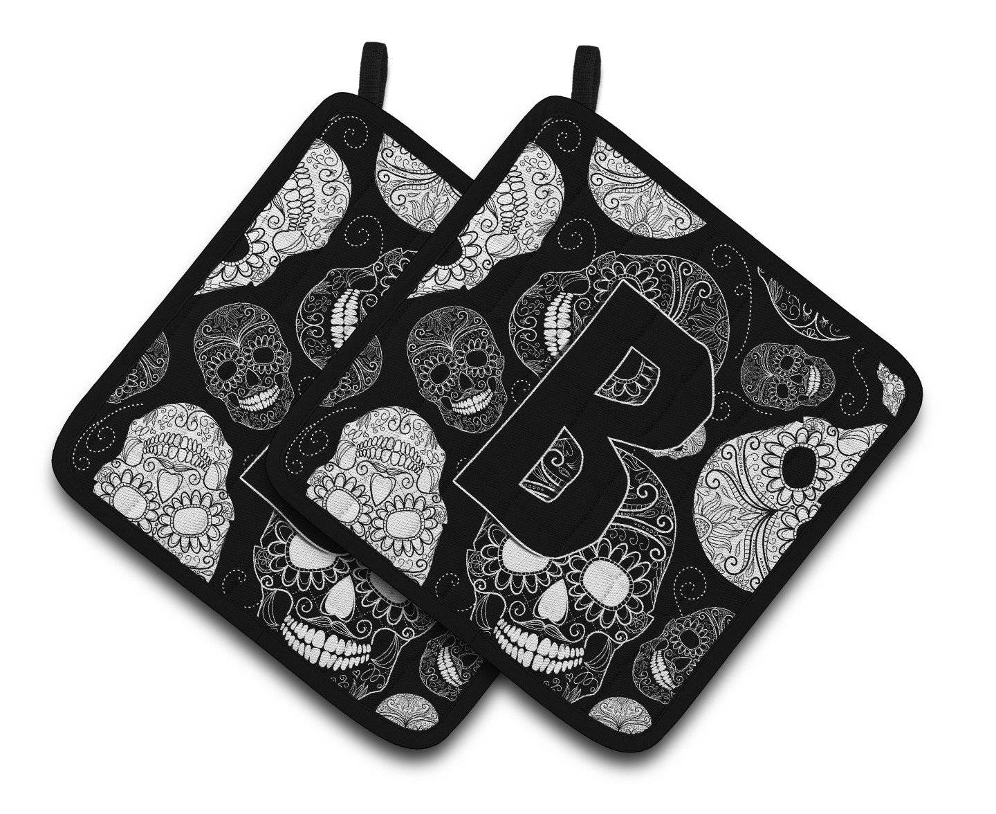 Letter B Day of the Dead Skulls Black Pair of Pot Holders CJ2008-BPTHD - the-store.com