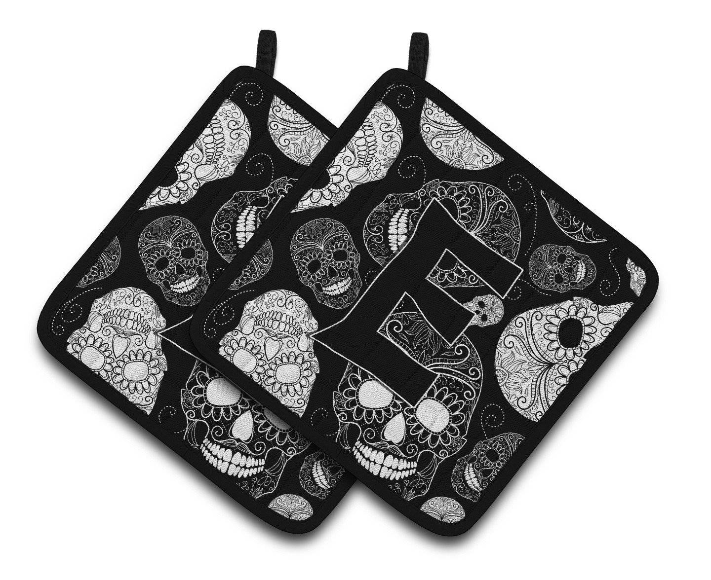 Letter E Day of the Dead Skulls Black Pair of Pot Holders CJ2008-EPTHD - the-store.com