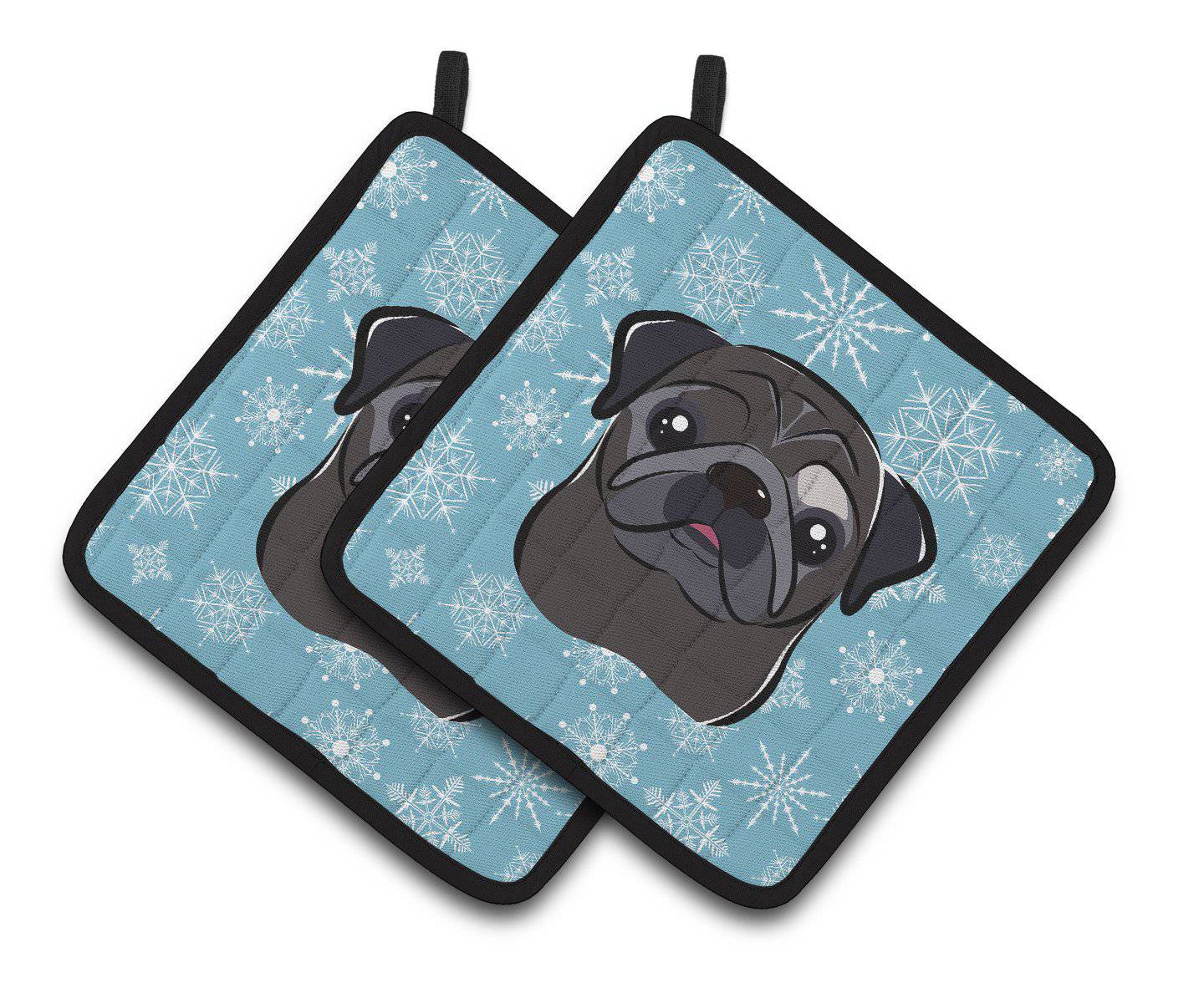 Snowflake Black Pug Pair of Pot Holders BB1697PTHD - the-store.com