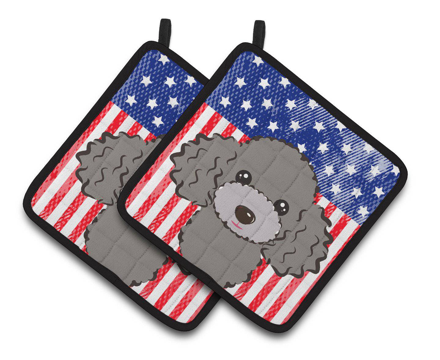 American Flag and Silver Gray Poodle Pair of Pot Holders BB2189PTHD - the-store.com