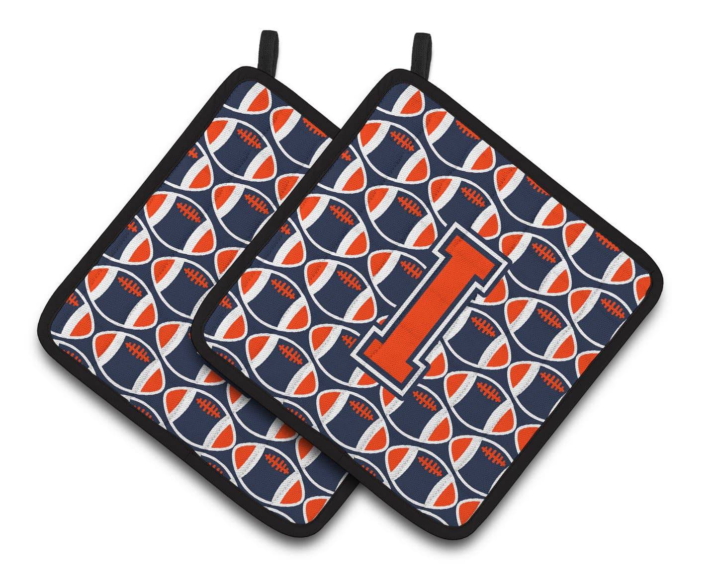 "Letter I Football Orange, Blue and white Pair of Pot Holders CJ1066-IPTHD" - the-store.com