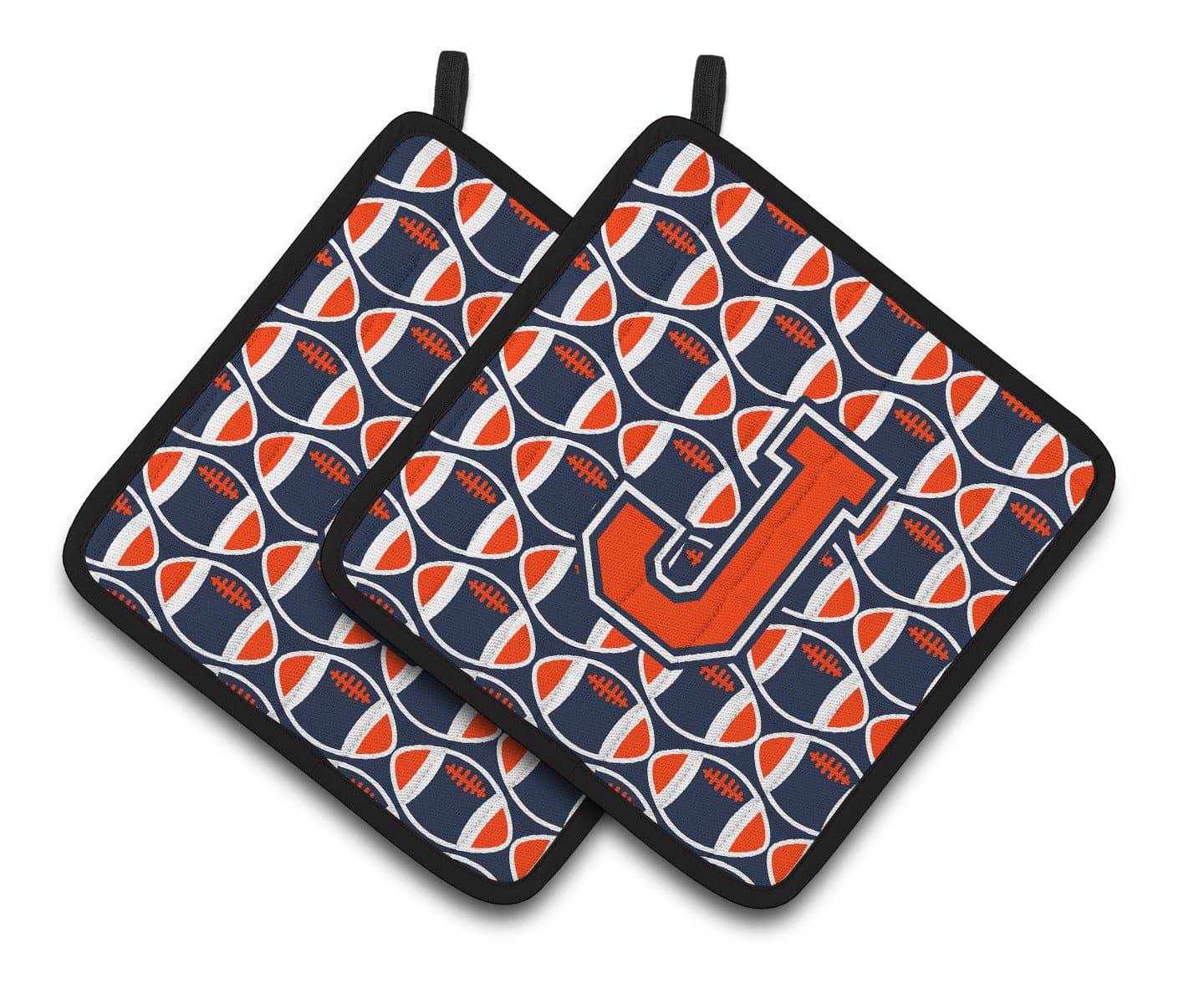 "Letter J Football Orange, Blue and white Pair of Pot Holders CJ1066-JPTHD" - the-store.com