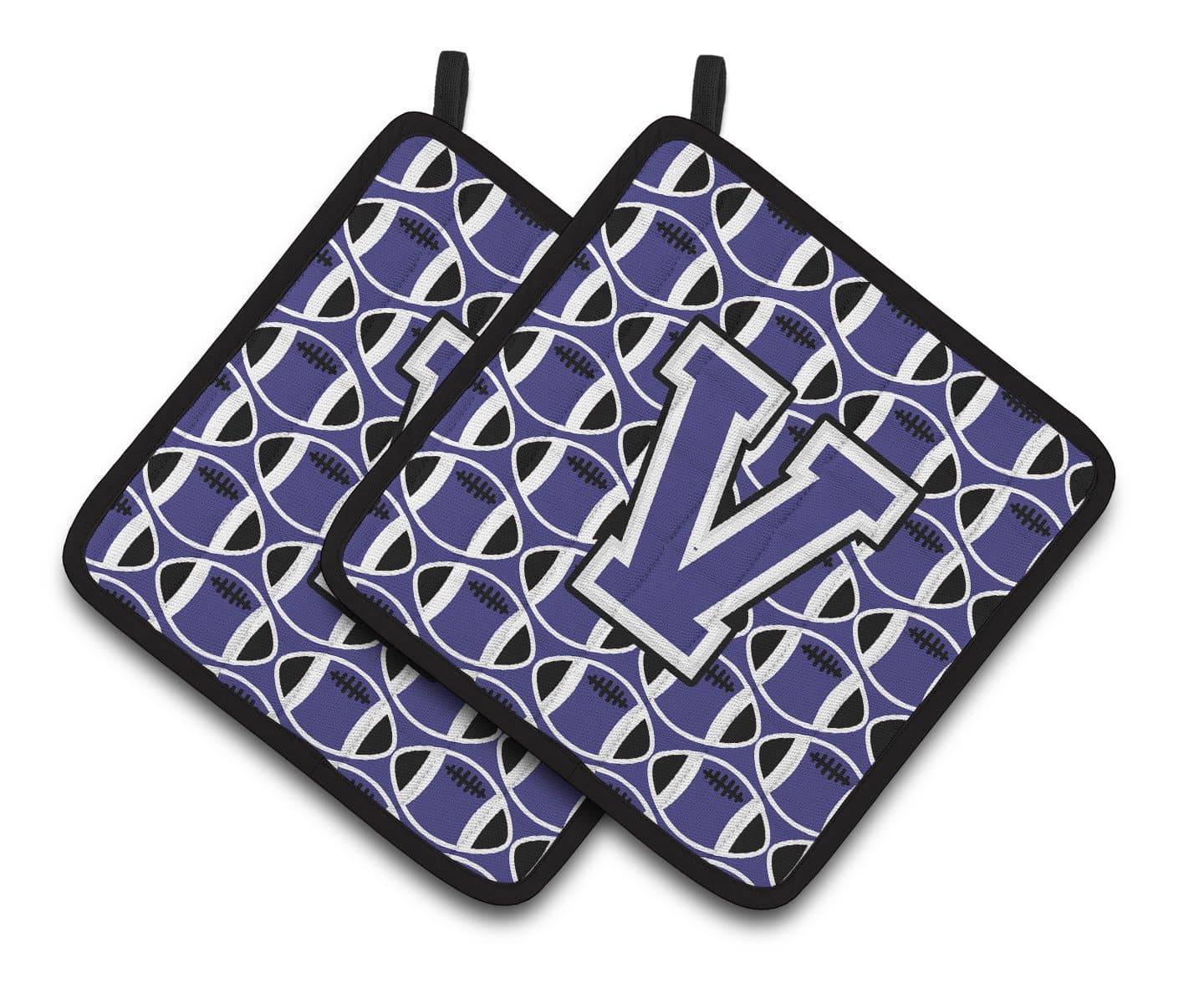 Letter V Football Purple and White Pair of Pot Holders CJ1068-VPTHD - the-store.com