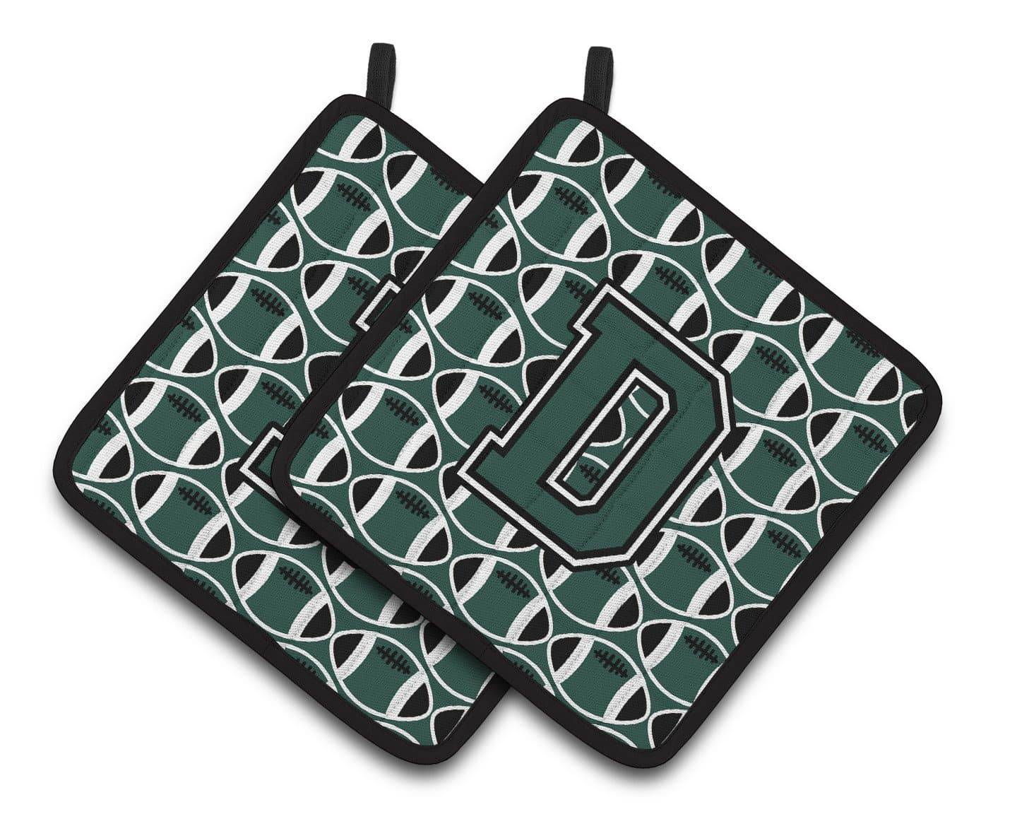 Letter D Football Green and White Pair of Pot Holders CJ1071-DPTHD - the-store.com