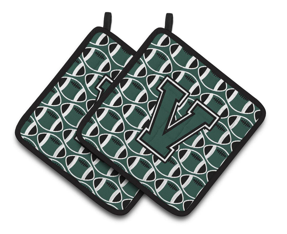 Letter V Football Green and White Pair of Pot Holders CJ1071-VPTHD - the-store.com