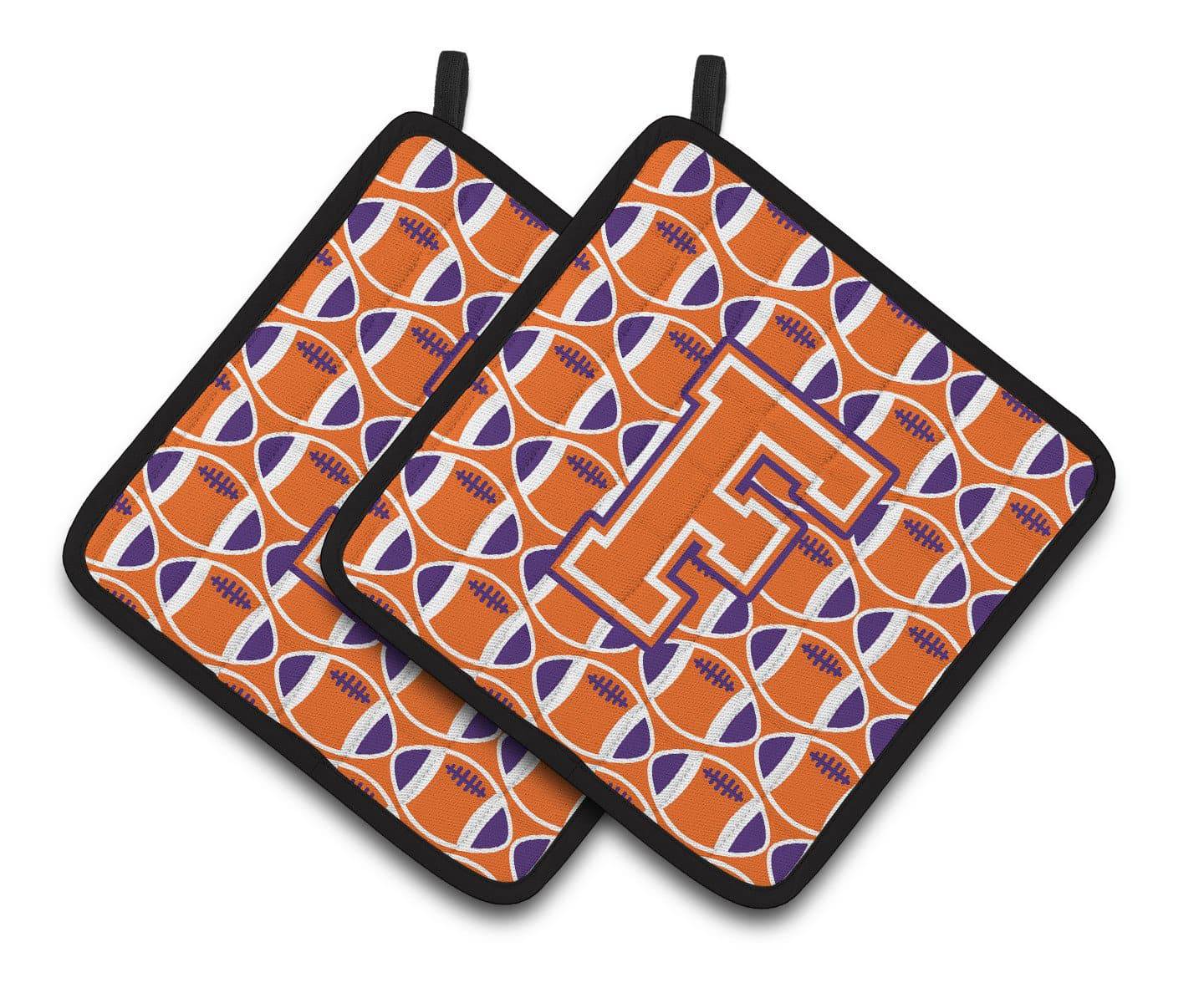 "Letter F Football Orange, White and Regalia Pair of Pot Holders CJ1072-FPTHD" - the-store.com