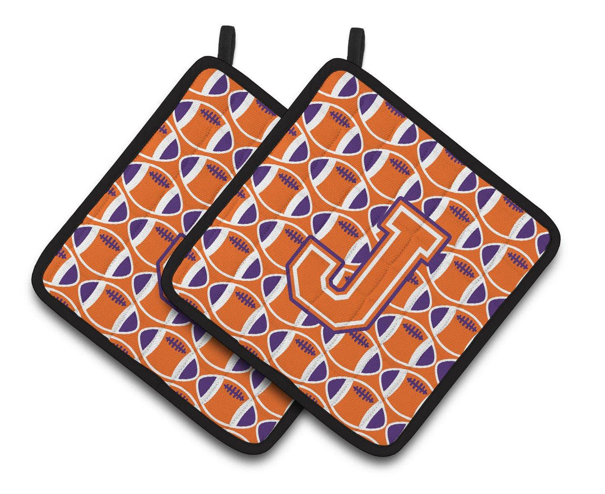 &quot;Letter J Football Orange, White and Regalia Pair of Pot Holders CJ1072-JPTHD&quot; - the-store.com