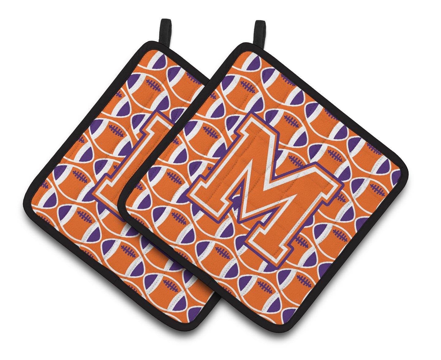 Letter M Football Orange, White and Regalia Pair of Pot Holders CJ1072-MPTHD - the-store.com