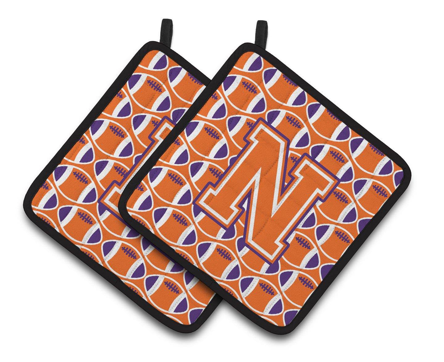 "Letter N Football Orange, White and Regalia Pair of Pot Holders CJ1072-NPTHD" - the-store.com