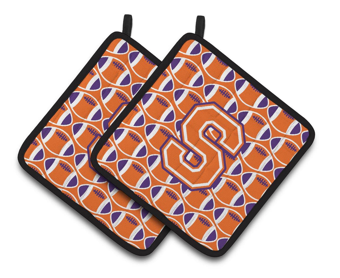 "Letter S Football Orange, White and Regalia Pair of Pot Holders CJ1072-SPTHD" - the-store.com