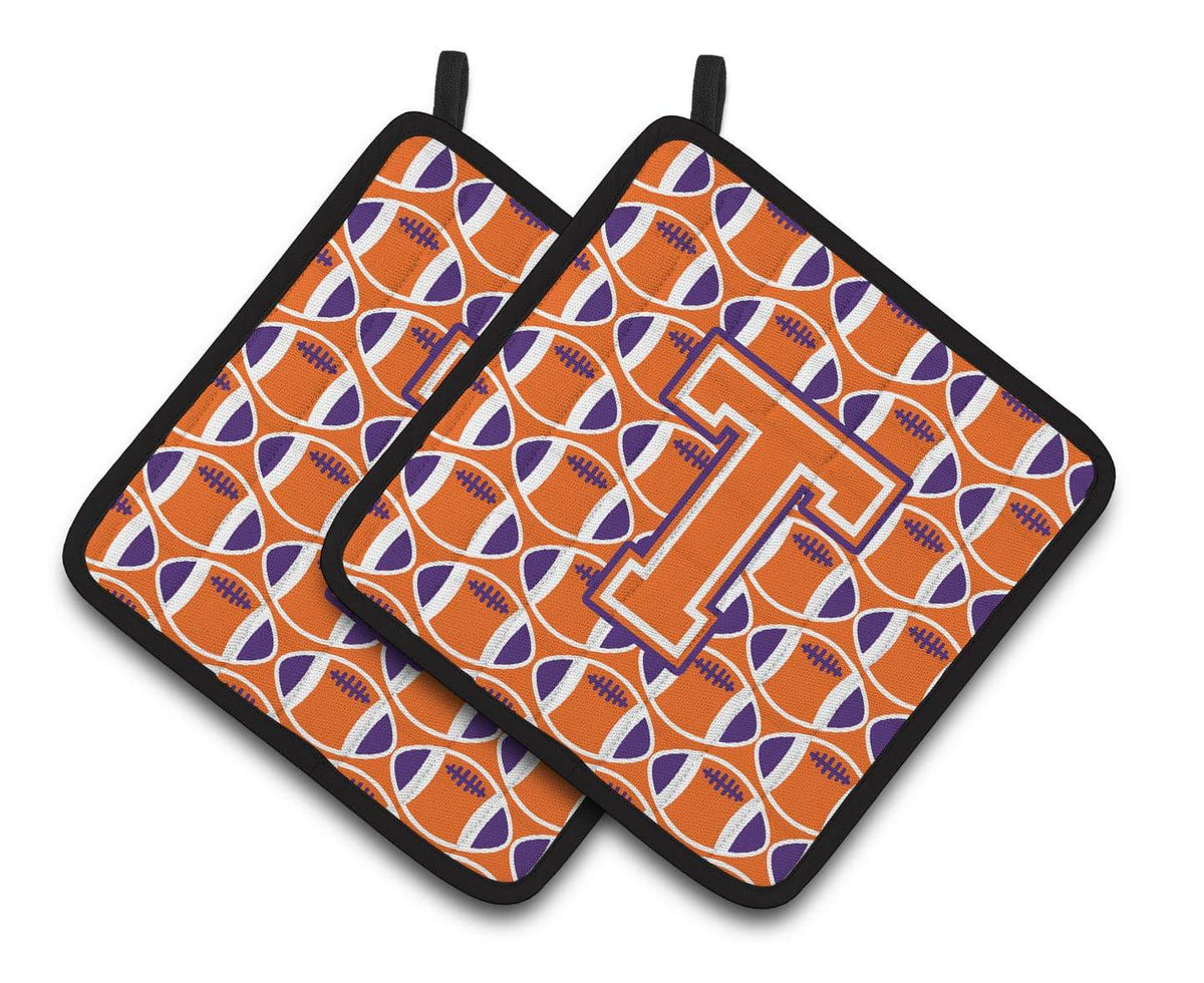 &quot;Letter T Football Orange, White and Regalia Pair of Pot Holders CJ1072-TPTHD&quot; - the-store.com