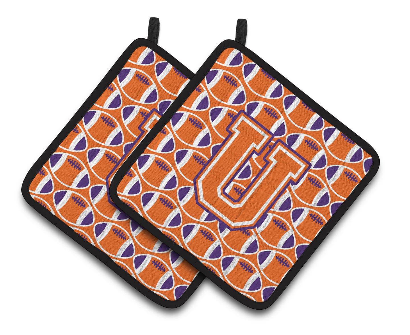 "Letter U Football Orange, White and Regalia Pair of Pot Holders CJ1072-UPTHD" - the-store.com