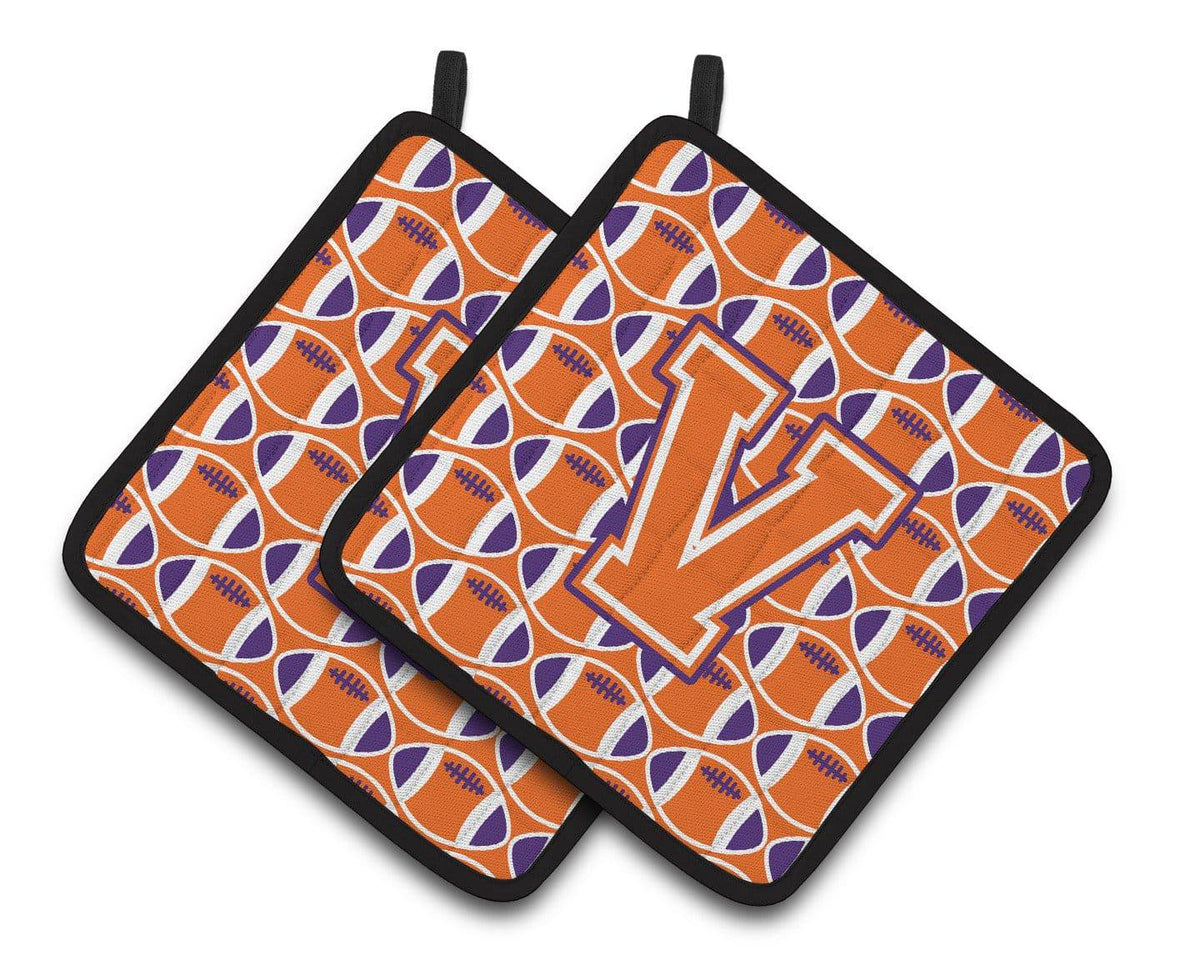 &quot;Letter V Football Orange, White and Regalia Pair of Pot Holders CJ1072-VPTHD&quot; - the-store.com