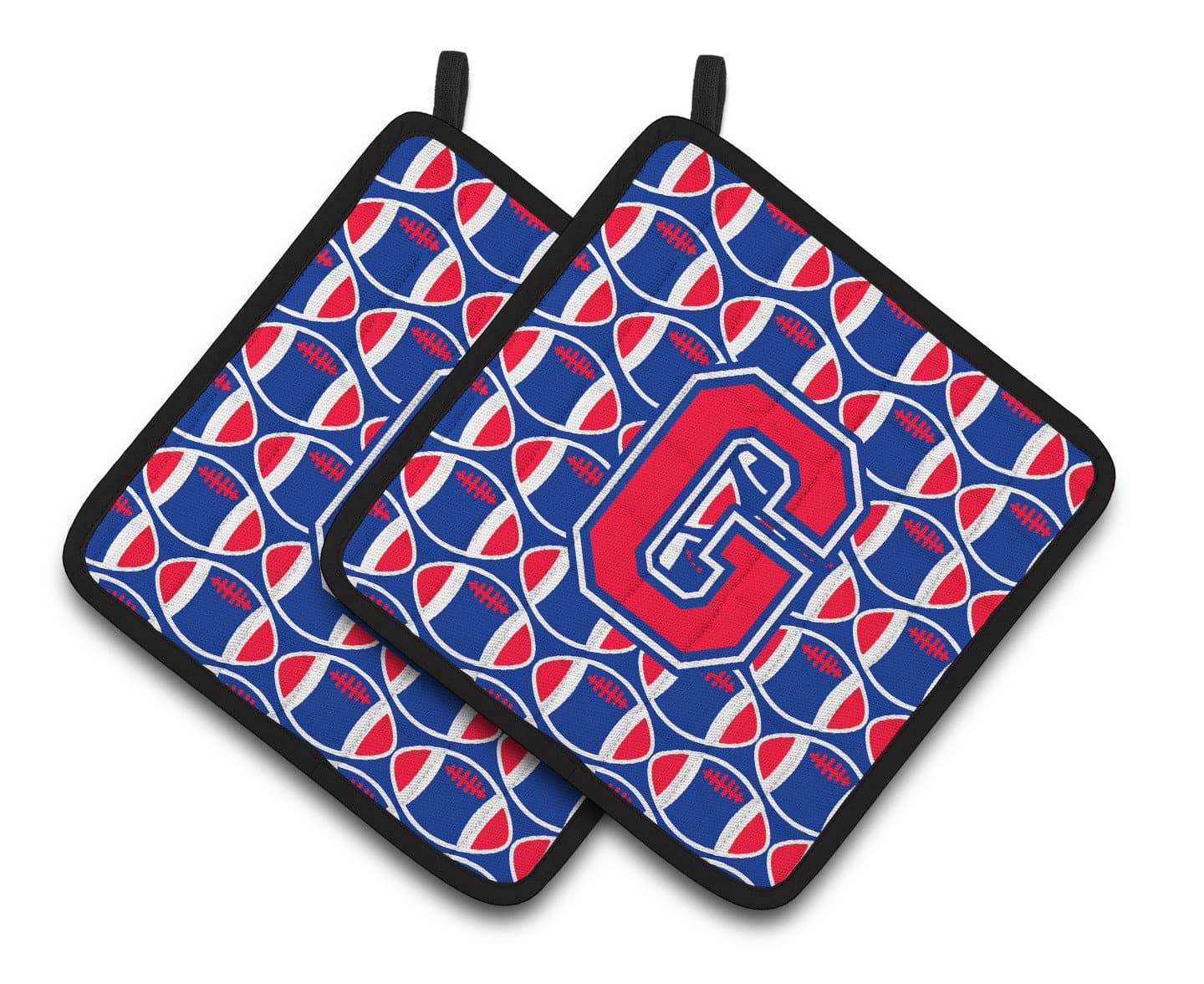 Letter G Football Harvard Crimson and Yale Blue Pair of Pot Holders CJ1076-GPTHD - the-store.com