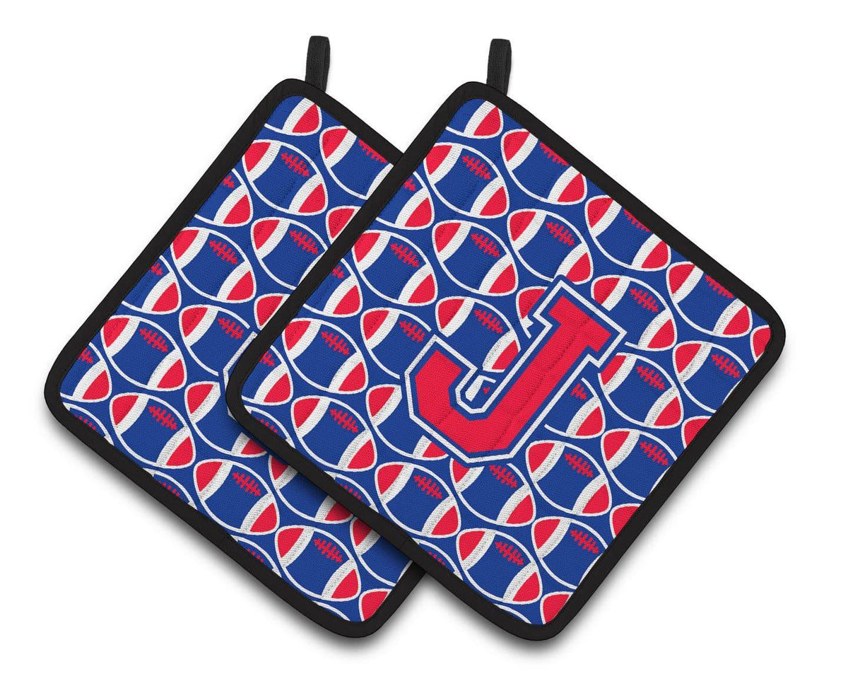 Letter J Football Harvard Crimson and Yale Blue Pair of Pot Holders CJ1076-JPTHD - the-store.com