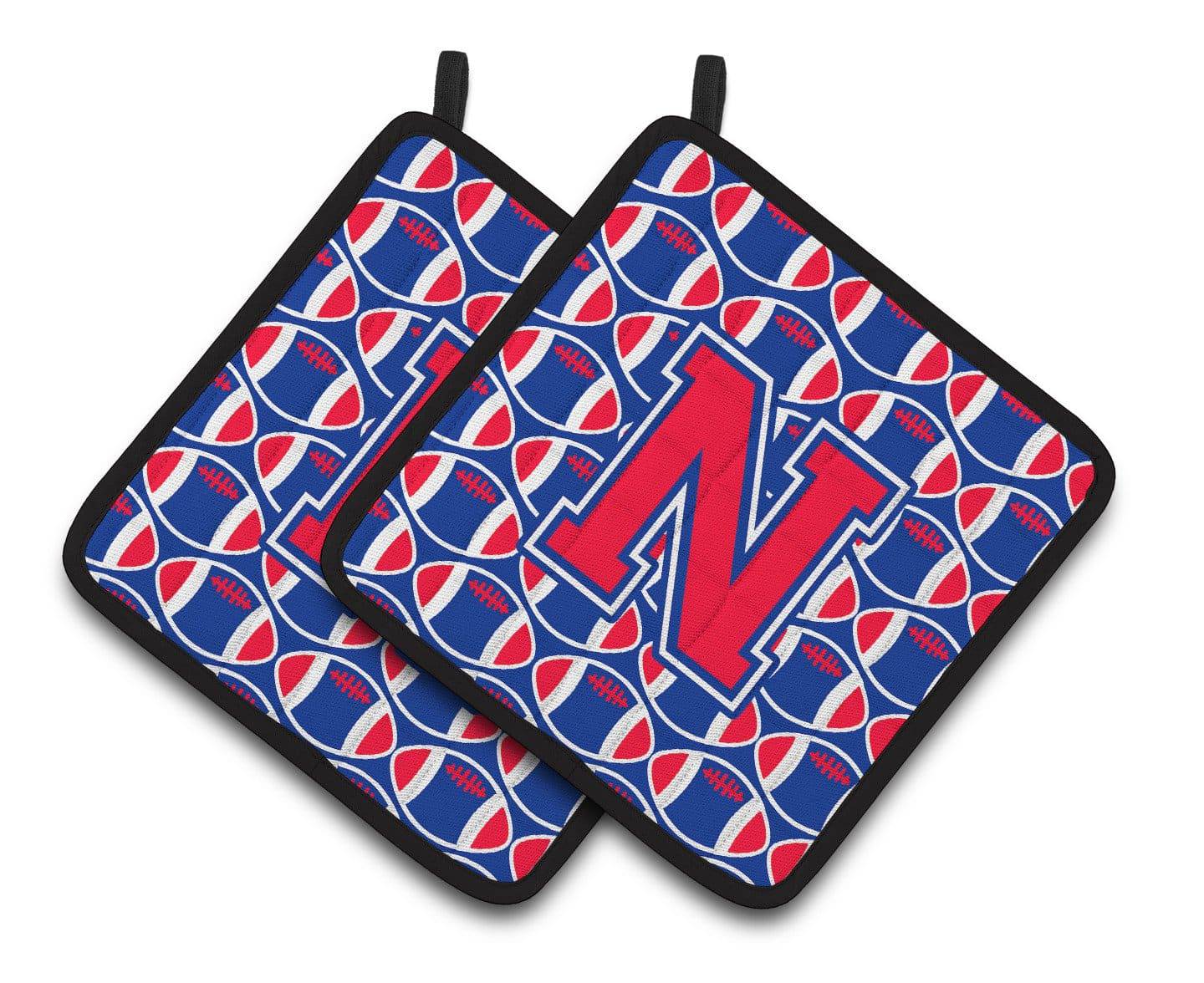 Letter N Football Harvard Crimson and Yale Blue Pair of Pot Holders CJ1076-NPTHD - the-store.com