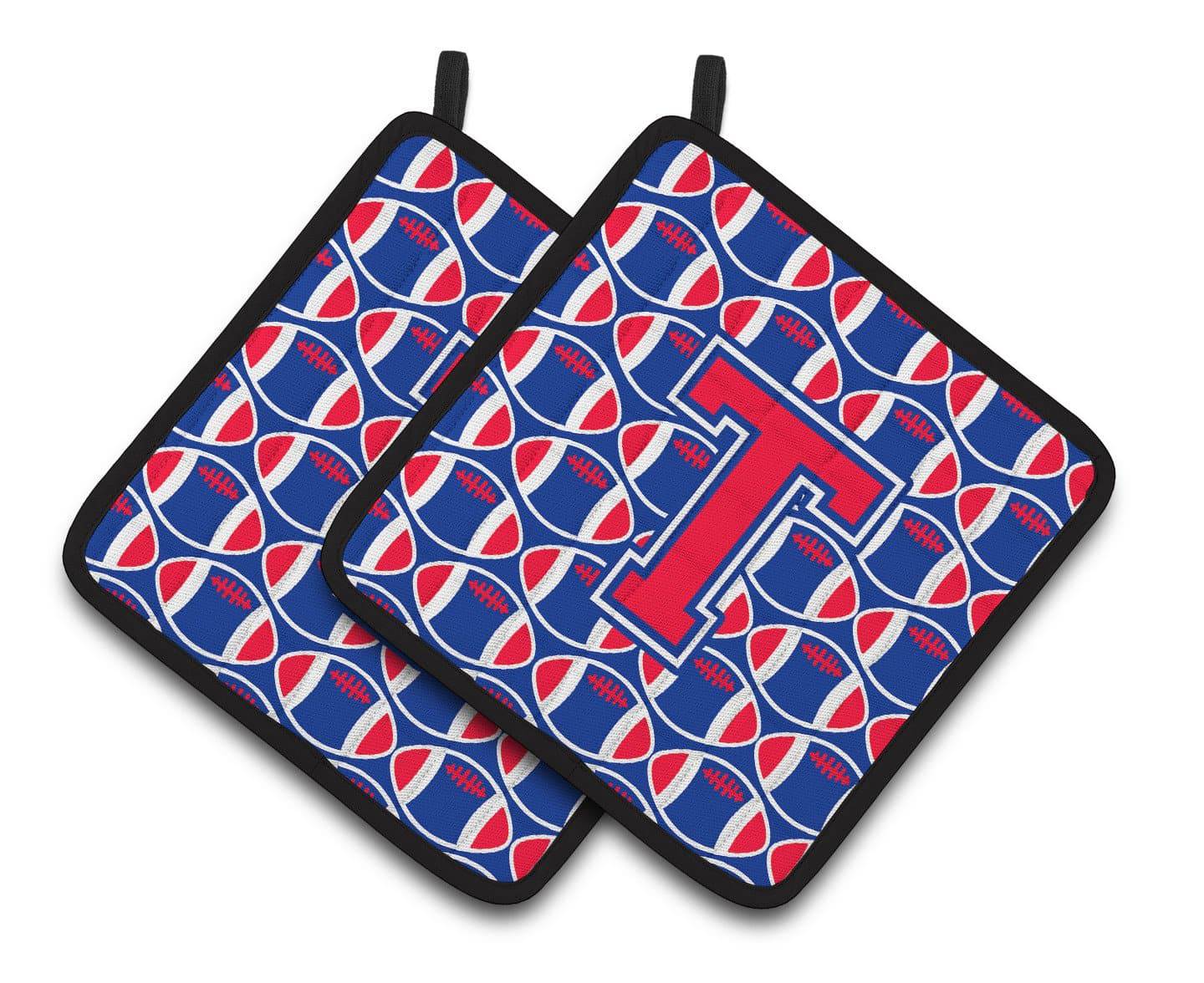 Letter T Football Harvard Crimson and Yale Blue Pair of Pot Holders CJ1076-TPTHD - the-store.com