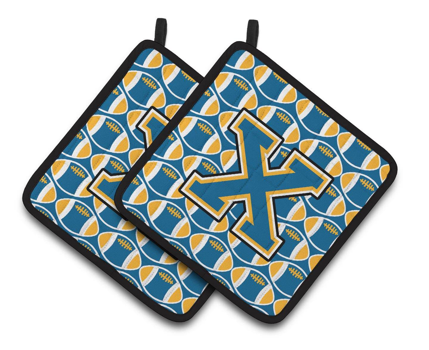 Letter X Football Blue and Gold Pair of Pot Holders CJ1077-XPTHD - the-store.com