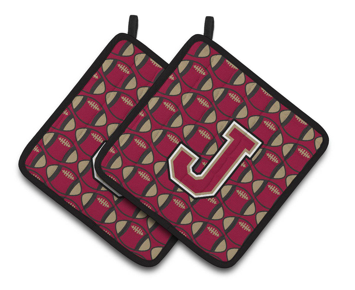 Letter J Football Garnet and Gold Pair of Pot Holders CJ1078-JPTHD - the-store.com