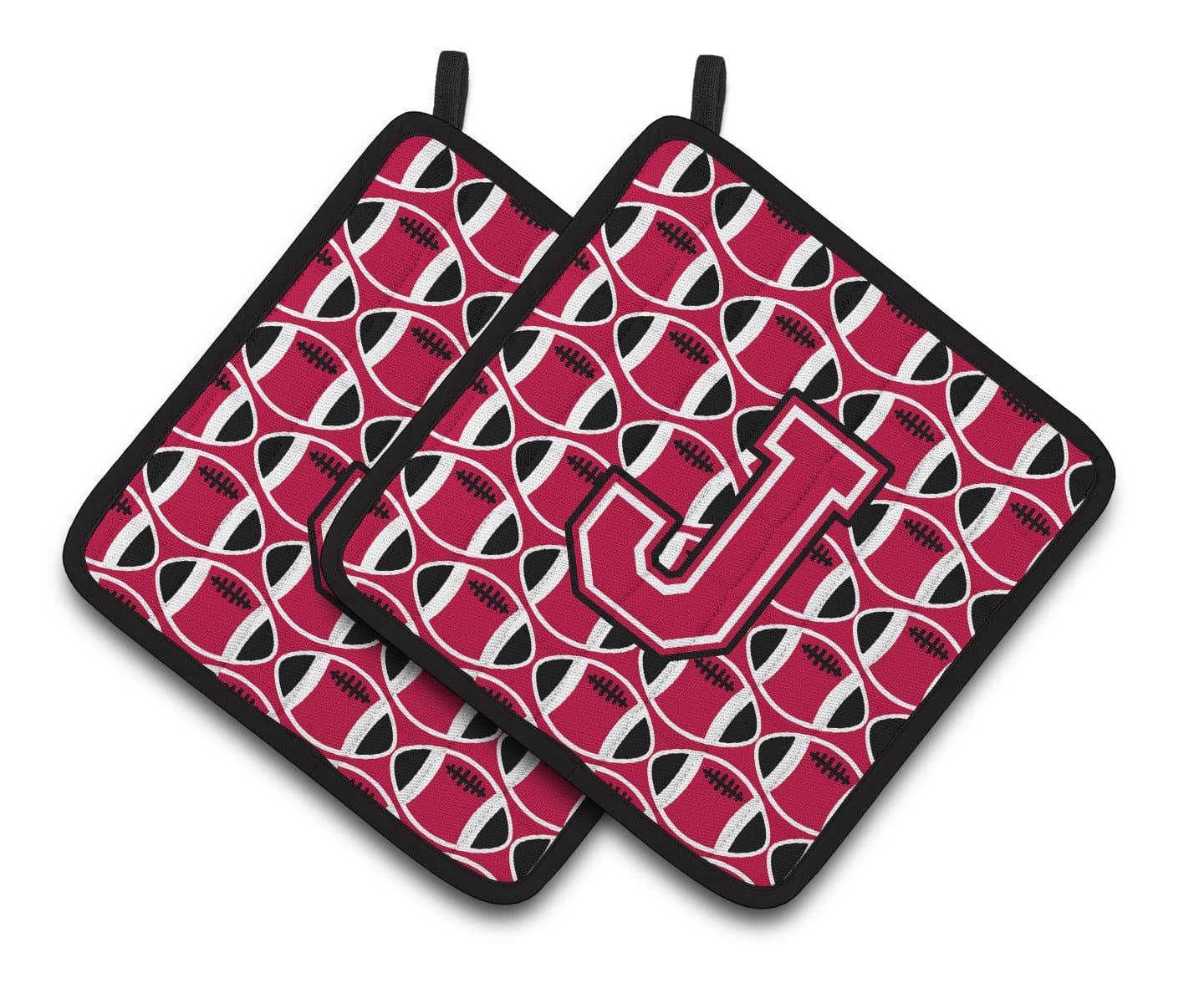 Letter J Football Crimson and White Pair of Pot Holders CJ1079-JPTHD - the-store.com