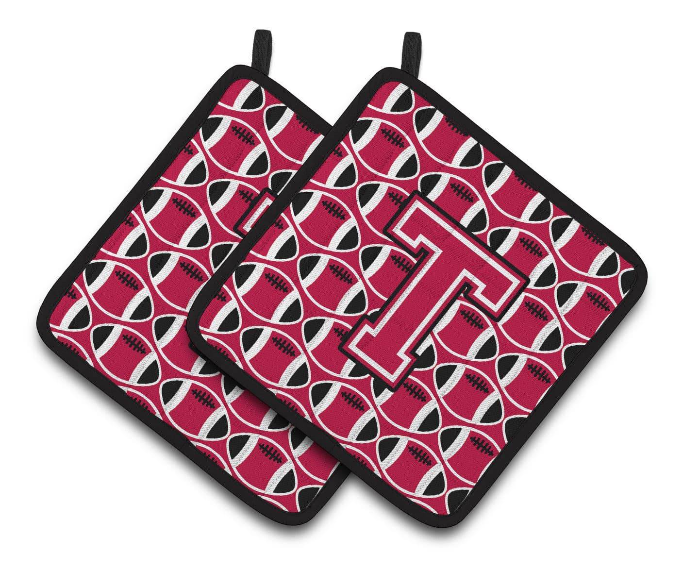 Letter T Football Crimson and White Pair of Pot Holders CJ1079-TPTHD - the-store.com