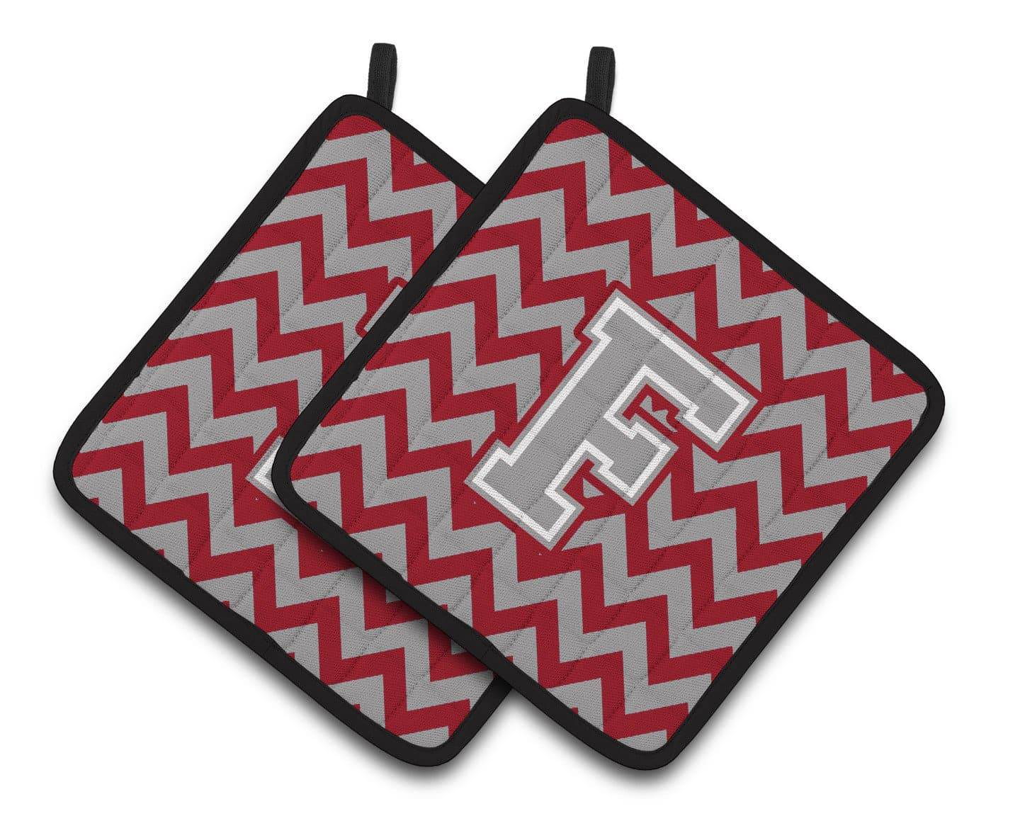 Letter F Chevron Crimson and Grey   Pair of Pot Holders CJ1043-FPTHD - the-store.com