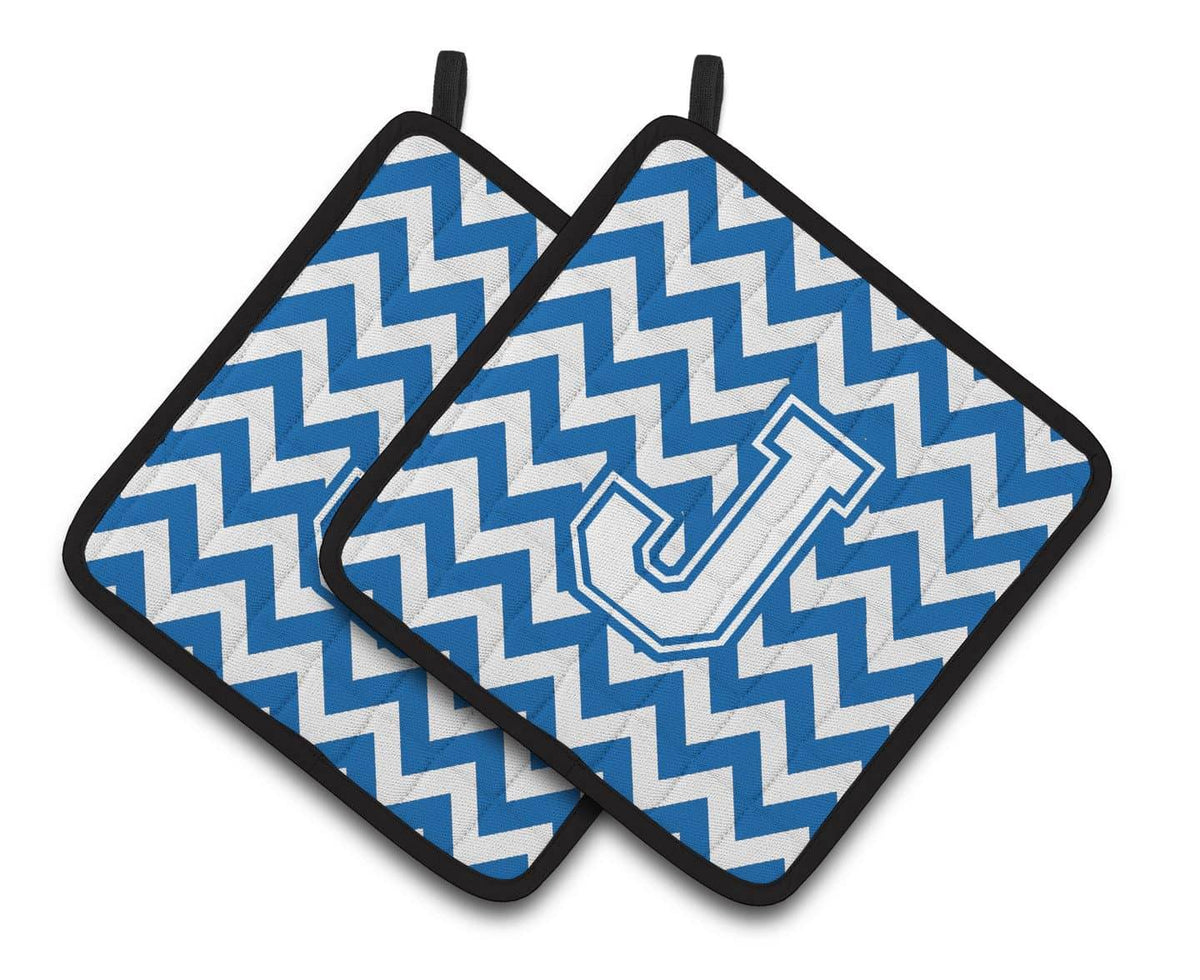 Letter J Chevron Blue and White Pair of Pot Holders CJ1045-JPTHD - the-store.com