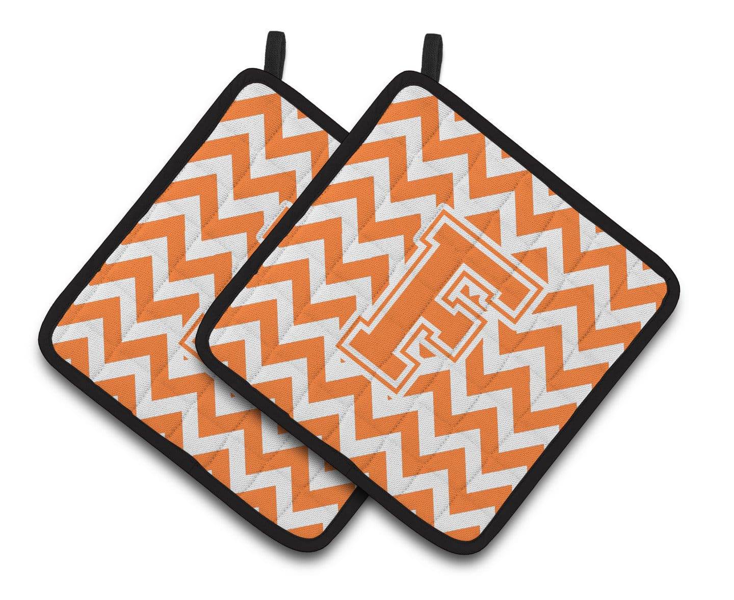 Letter F Chevron Orange and White Pair of Pot Holders CJ1046-FPTHD - the-store.com