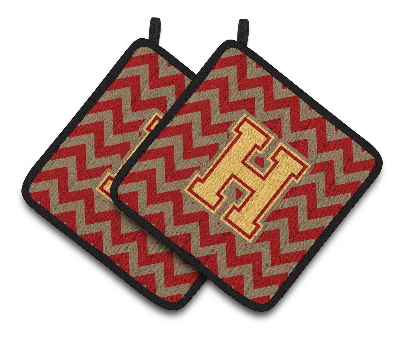 Letter H Chevron Garnet and Gold  Pair of Pot Holders CJ1048-HPTHD - the-store.com