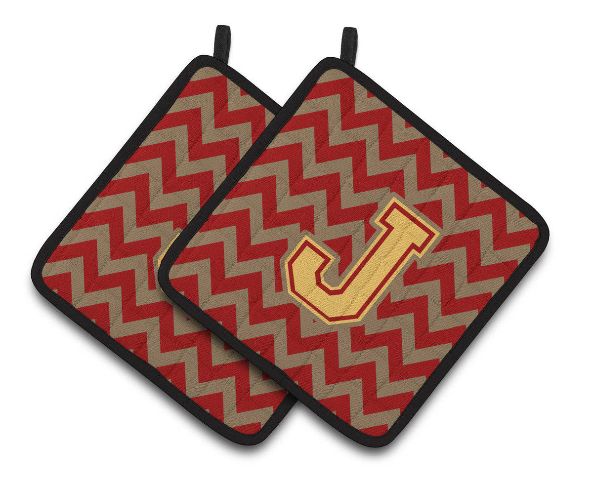 Letter J Chevron Garnet and Gold  Pair of Pot Holders CJ1048-JPTHD - the-store.com