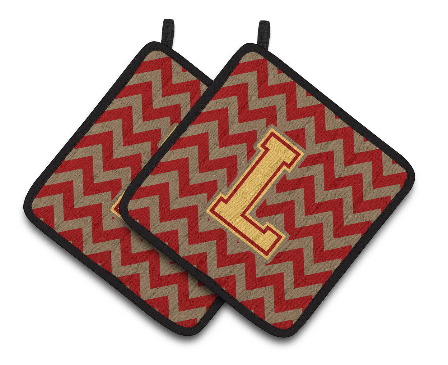 Letter L Chevron Garnet and Gold  Pair of Pot Holders CJ1048-LPTHD - the-store.com