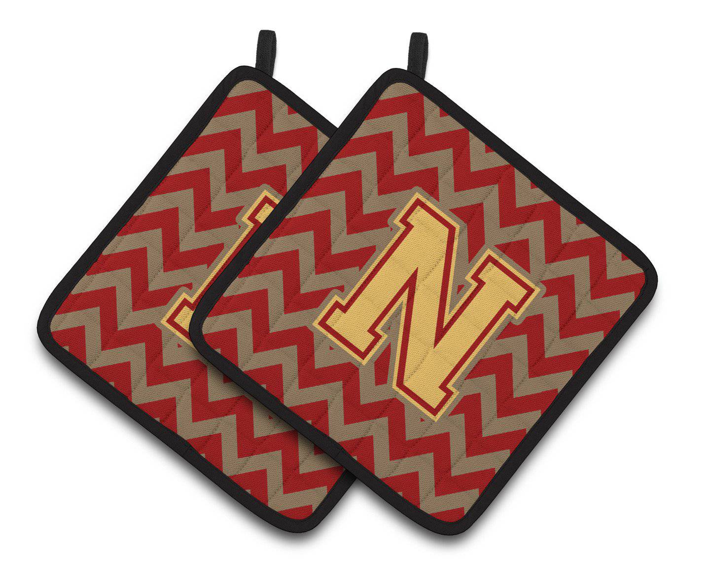 Letter N Chevron Garnet and Gold  Pair of Pot Holders CJ1048-NPTHD - the-store.com